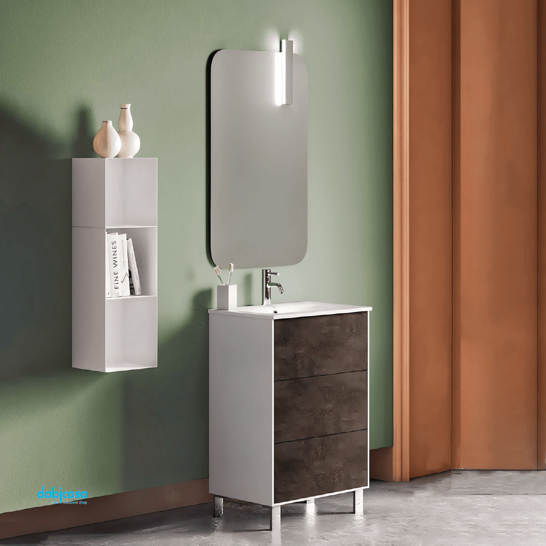 Mobile Bagno A Terra "Step" Da 70 Cm Composto Da Tre Cassetti Lavabo E Specchio Con Lampada Led - Dabicasa