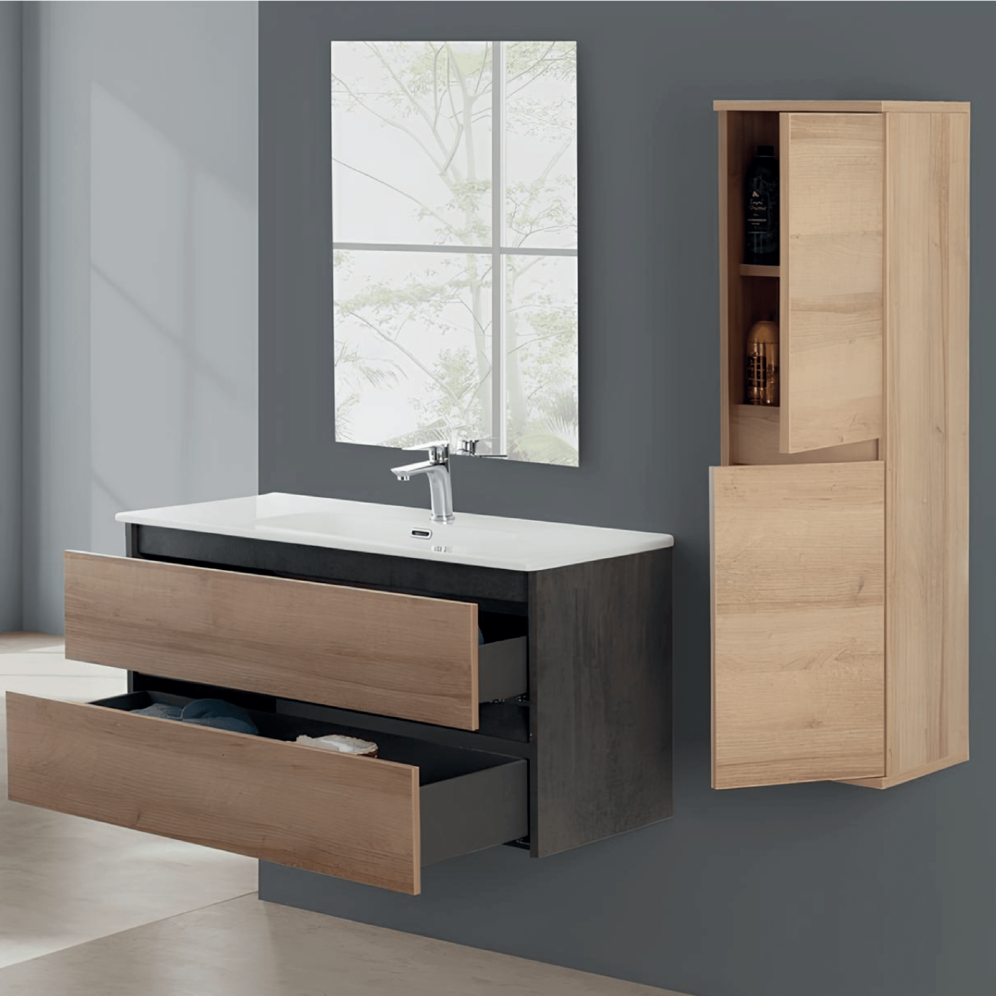 Mobile Bagno Sospeso 100 Cm Due Cassetti Specchio a Filo 80x60 Cm Feridras "Revital" Rovere Di Bordeaux/Ossido Grigio - Dabicasa