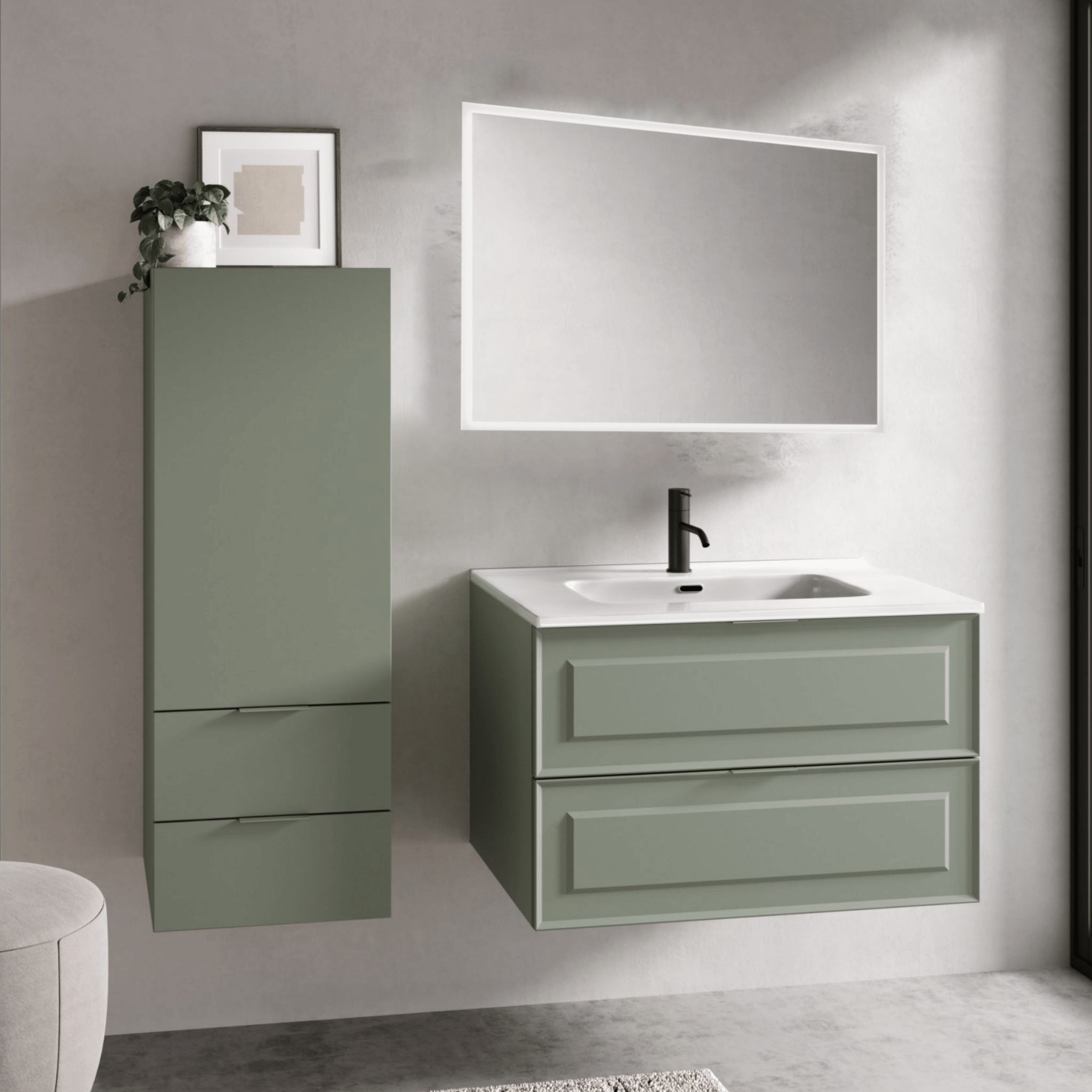 Mobile Bagno Sospeso 100 Cm Due Cassetti Specchio Con Illuminazione Led Savini "Frame" - Dabicasa
