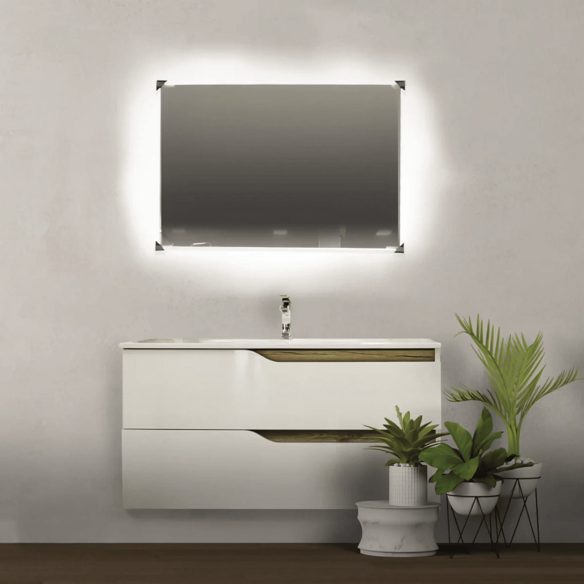 Mobile Bagno Sospeso 100 Cm Due Cassetti Specchio Con Illuminazione Led Savini "Grace 2" - Dabicasa