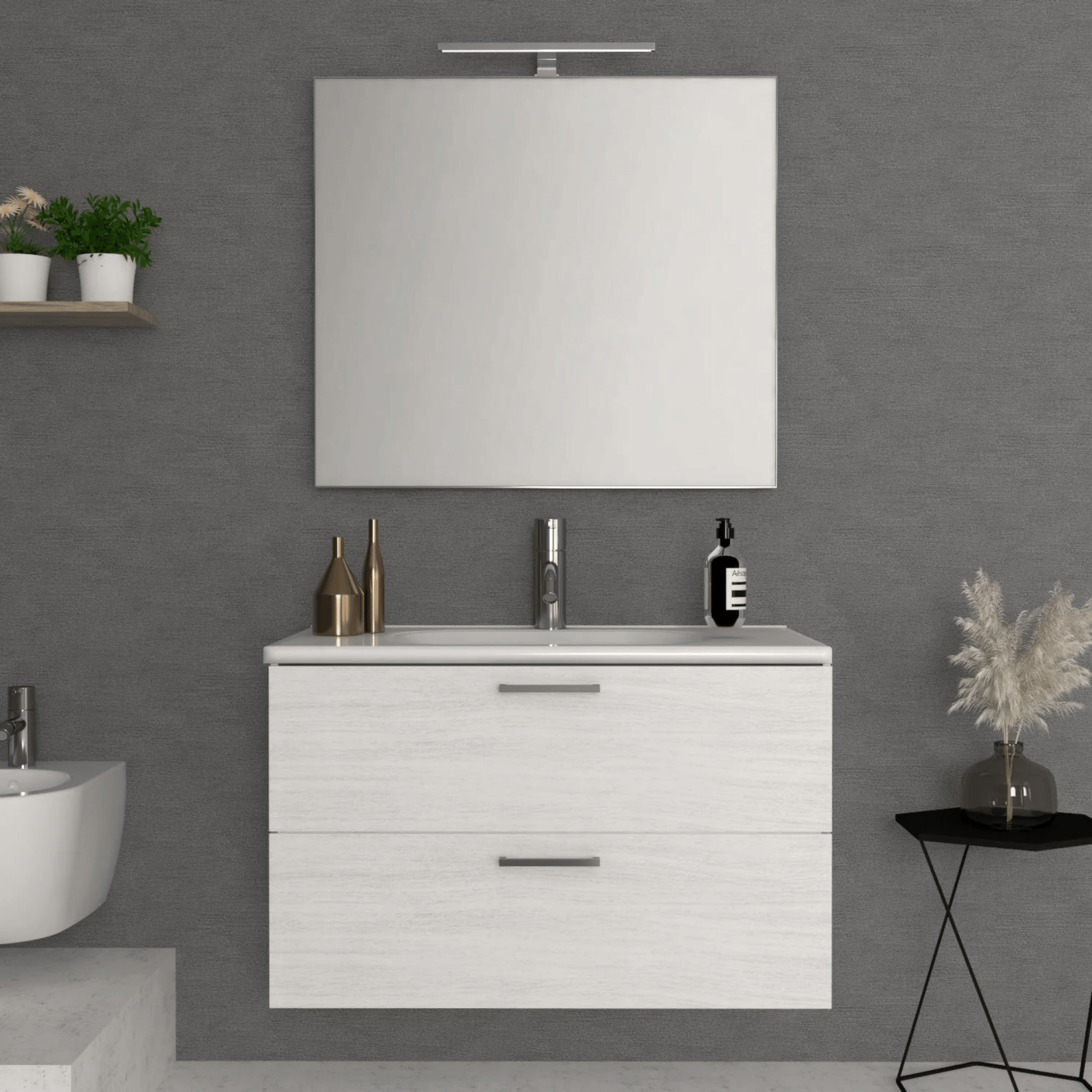 Mobile Bagno Sospeso 100 Cm Due Cassetti Specchio Con Lampada Led 100x70 Savini "Alice" Olmo Bianco - Dabicasa