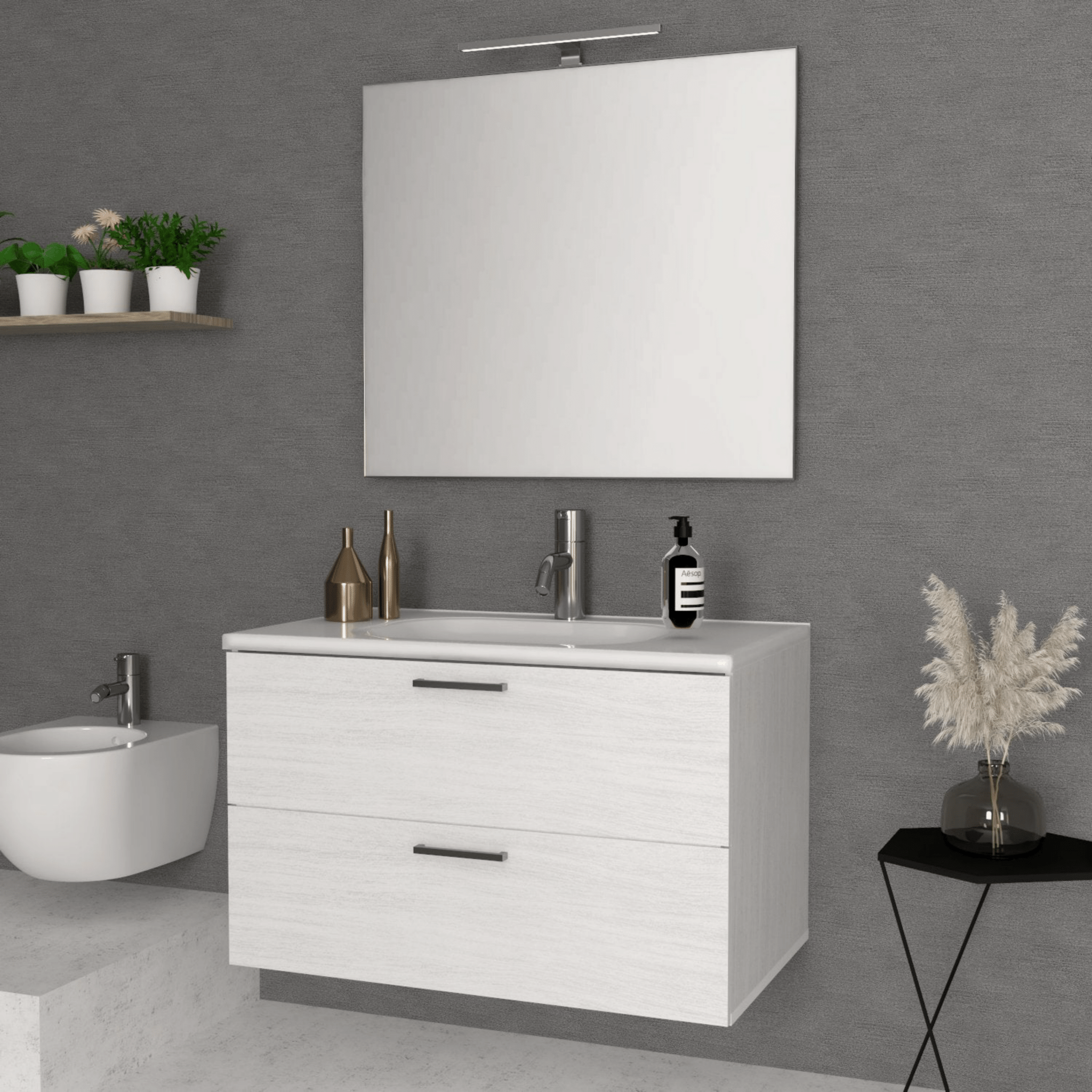 Mobile Bagno Sospeso 100 Cm Due Cassetti Specchio Con Lampada Led 100x70 Savini "Alice" Olmo Bianco - Dabicasa