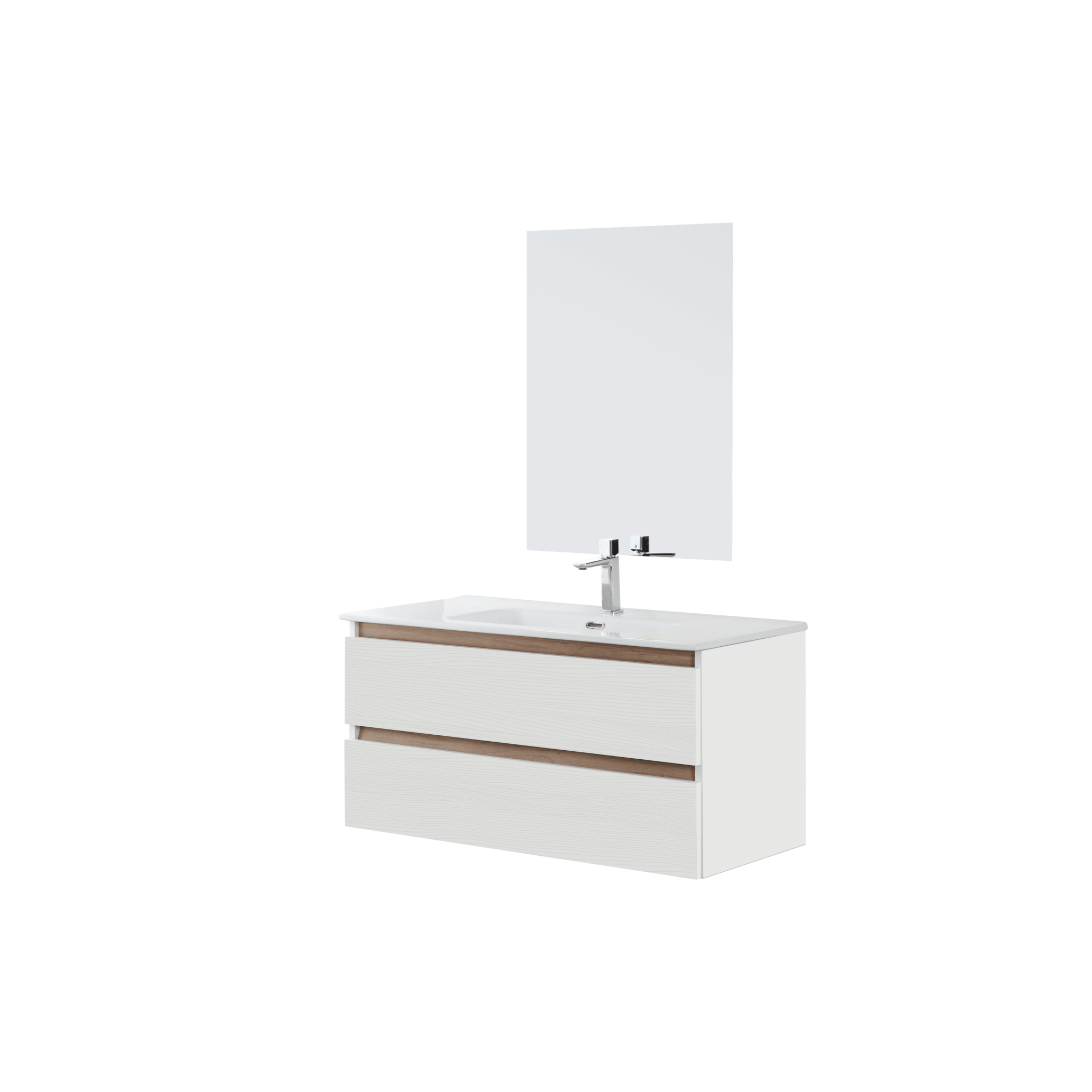 Mobile Bagno Sospeso 100 Cm Due Cassetti Specchio Feridras "Revital" Bianco Frassinato/Rovere - Dabicasa
