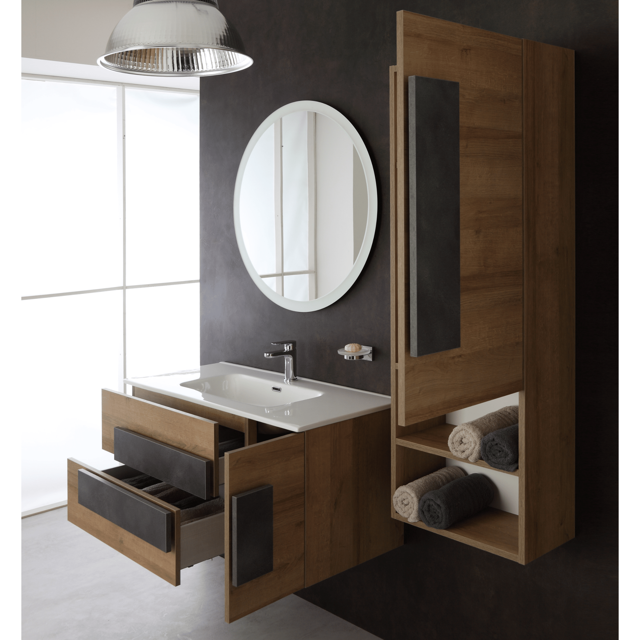 Mobile Bagno Sospeso 100 Cm Due Cassetti Un'Anta e Specchio Con Illuminazione Led Feridras "Urban" Rovere - Dabicasa