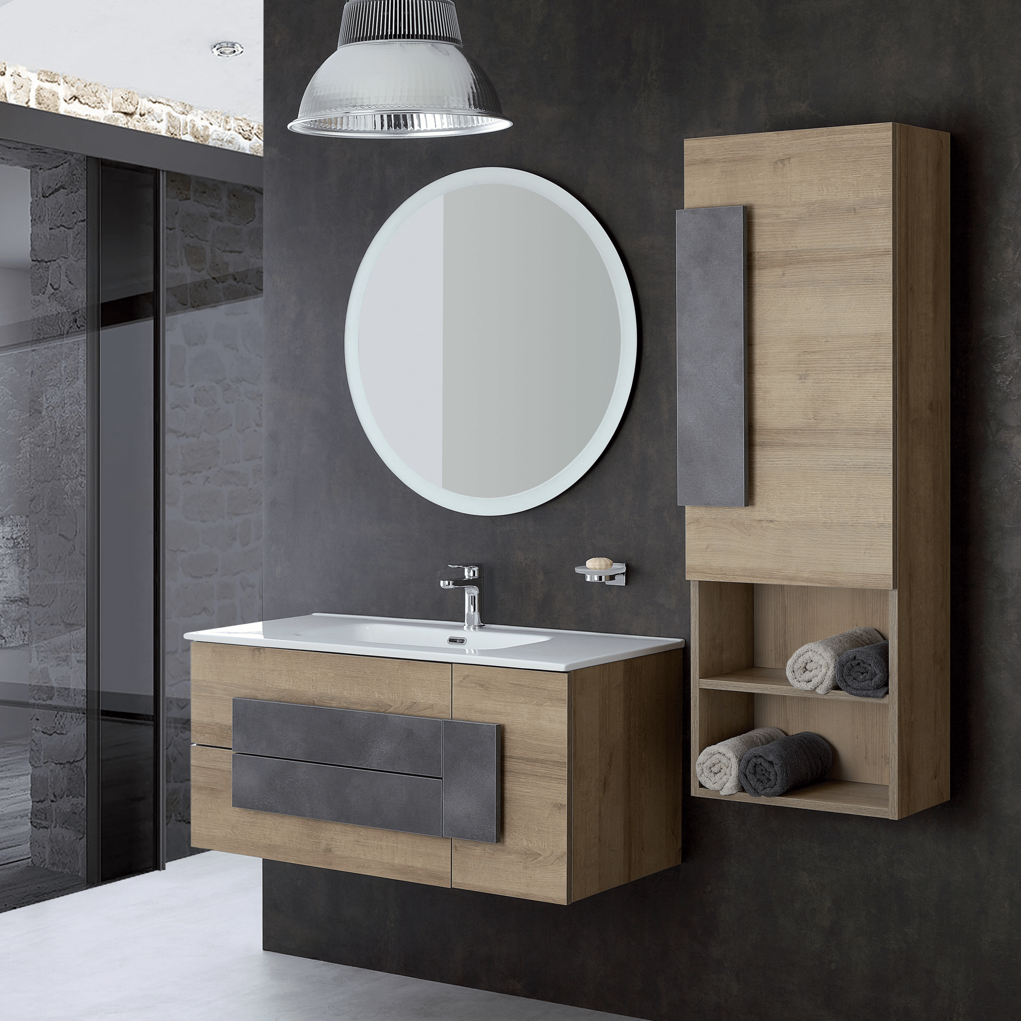 Mobile Bagno Sospeso 100 Cm Due Cassetti Un'Anta e Specchio Con Illuminazione Led Feridras "Urban" Rovere - Dabicasa