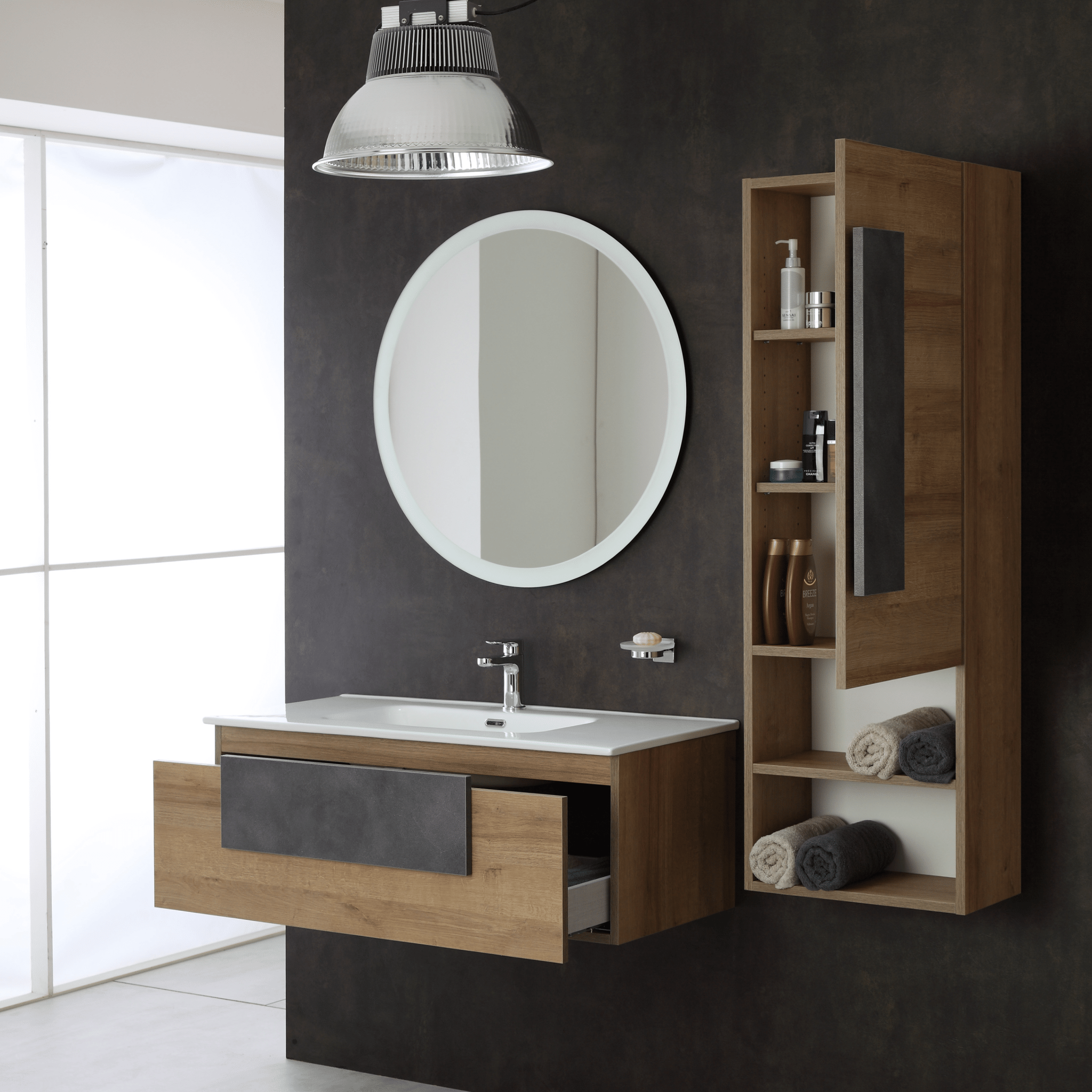 Mobile Bagno Sospeso 100 Cm Un Cassetto Specchio Con Illuminazione Led Feridras "Urban" Rovere - Dabicasa