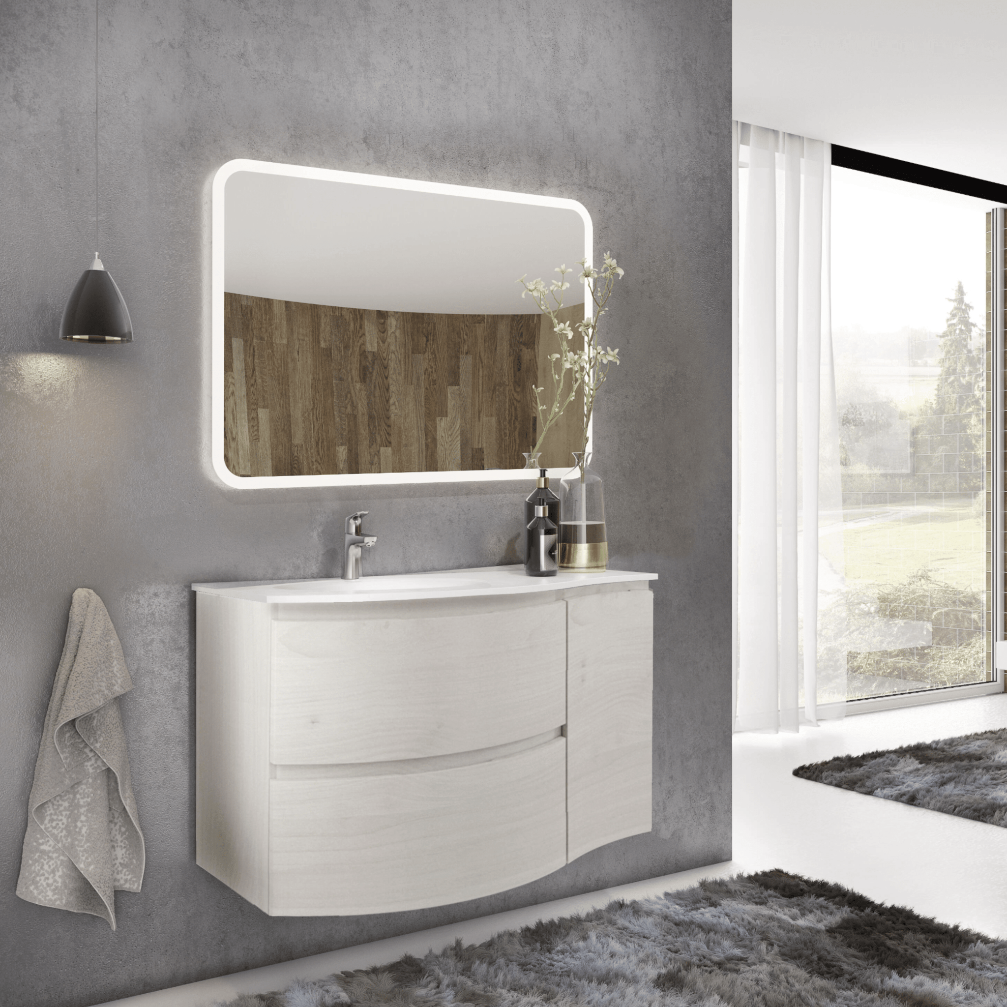 Mobile Bagno Sospeso 105 Cm Due Cassetti Un'Anta Specchio Con Illuminazione Led Savini Due "Armonia" Legno Nordico - Dabicasa