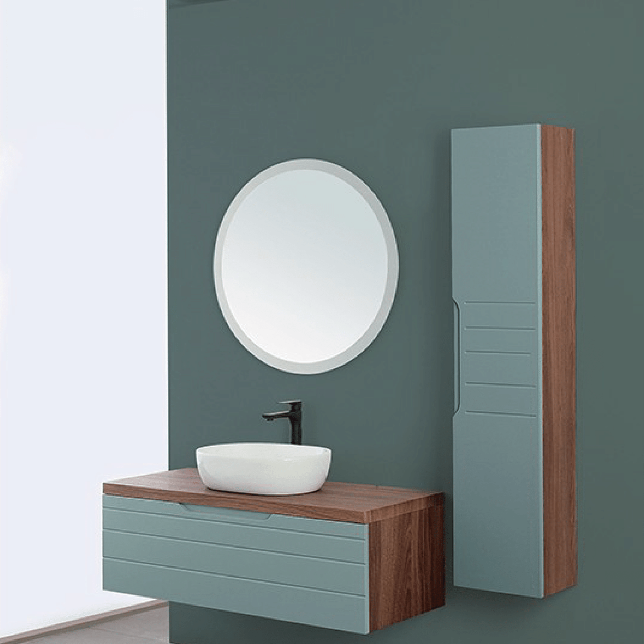 Mobile Bagno Sospeso 110 Cm Un Cassetto Specchio Con Illuminazione Led Feridras "Amalfi" Noce Canaletto/Verde Salvia - Dabicasa