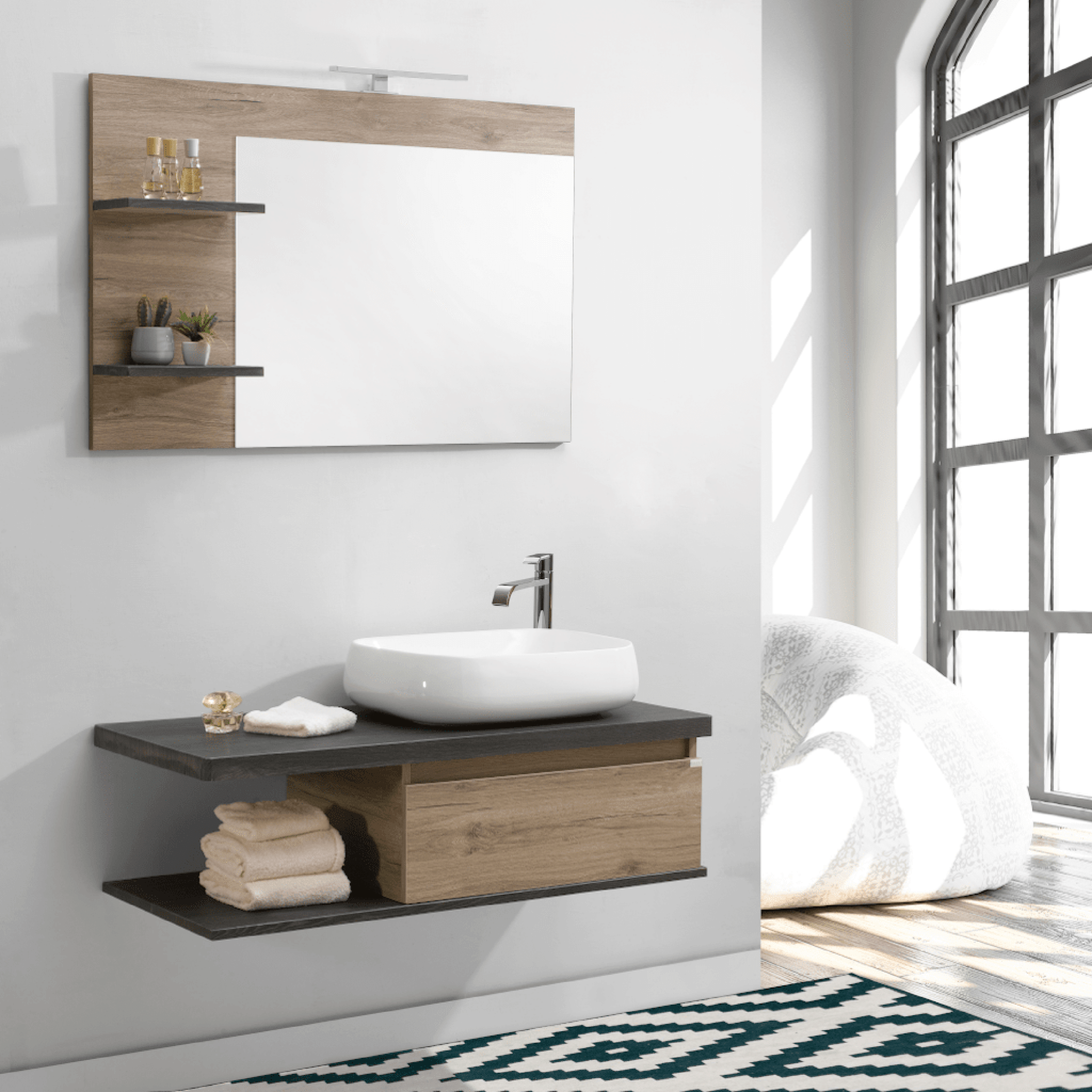 Mobile Bagno Sospeso 110 Cm Un Cassetto Specchio Con Mensole e Illuminazione Led Esseci Arredo Bagno "Amalfi" - Dabicasa