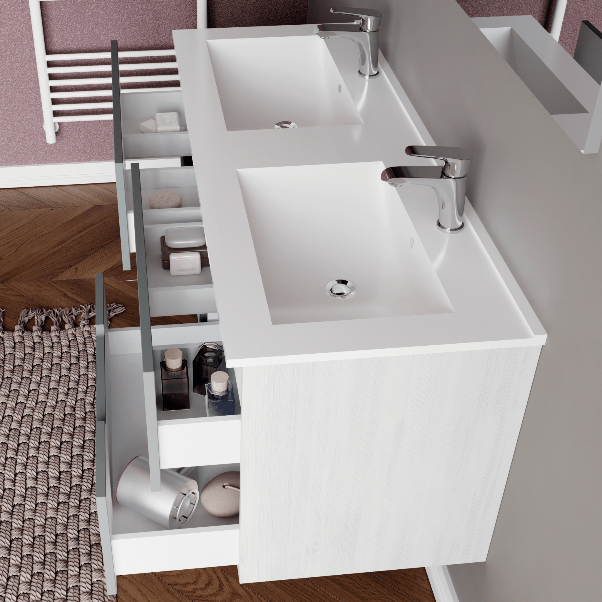 Mobile Bagno Sospeso 120 Cm Quattro Cassetti Specchio Con Illuminazioni Led Savini Due "Iris" - Dabicasa