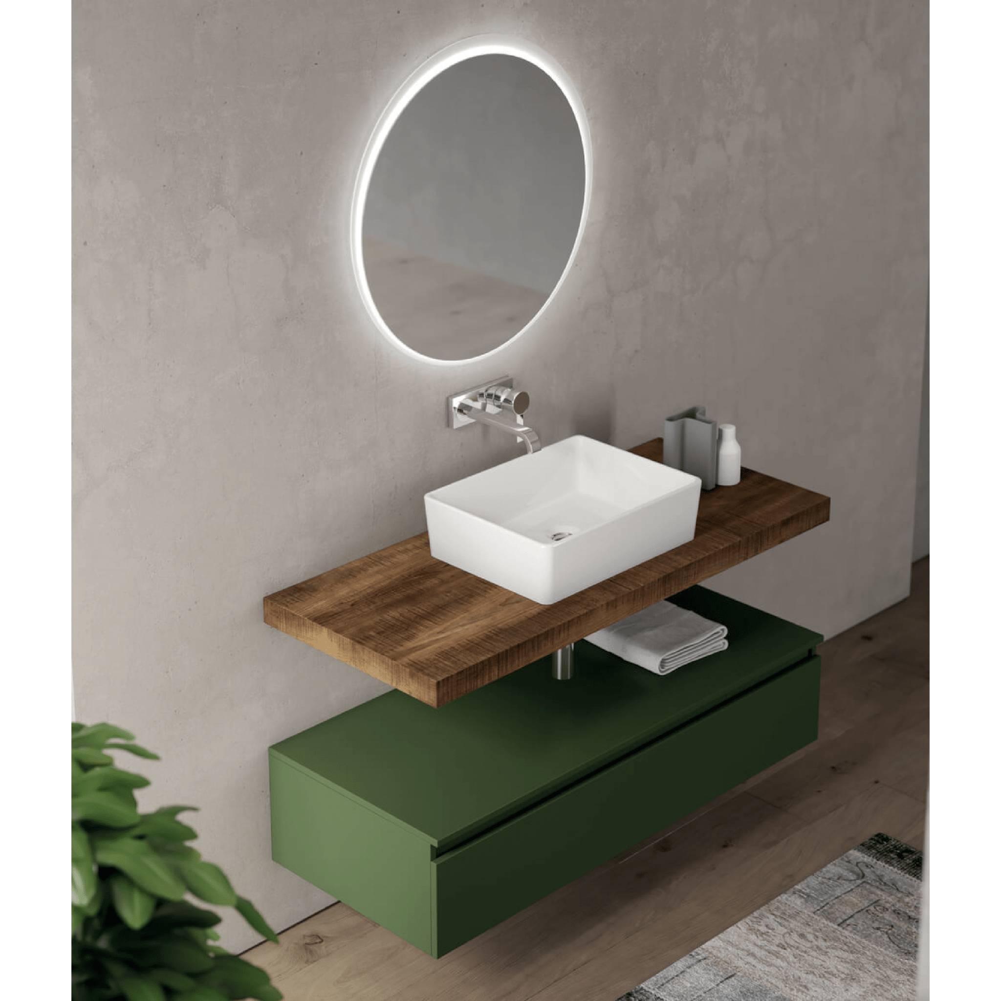 Mobile Bagno Sospeso 120 Cm Un Cassetto Mensolone Top Specchio Con Illuminazione Led Savini "Ninfa" - Dabicasa