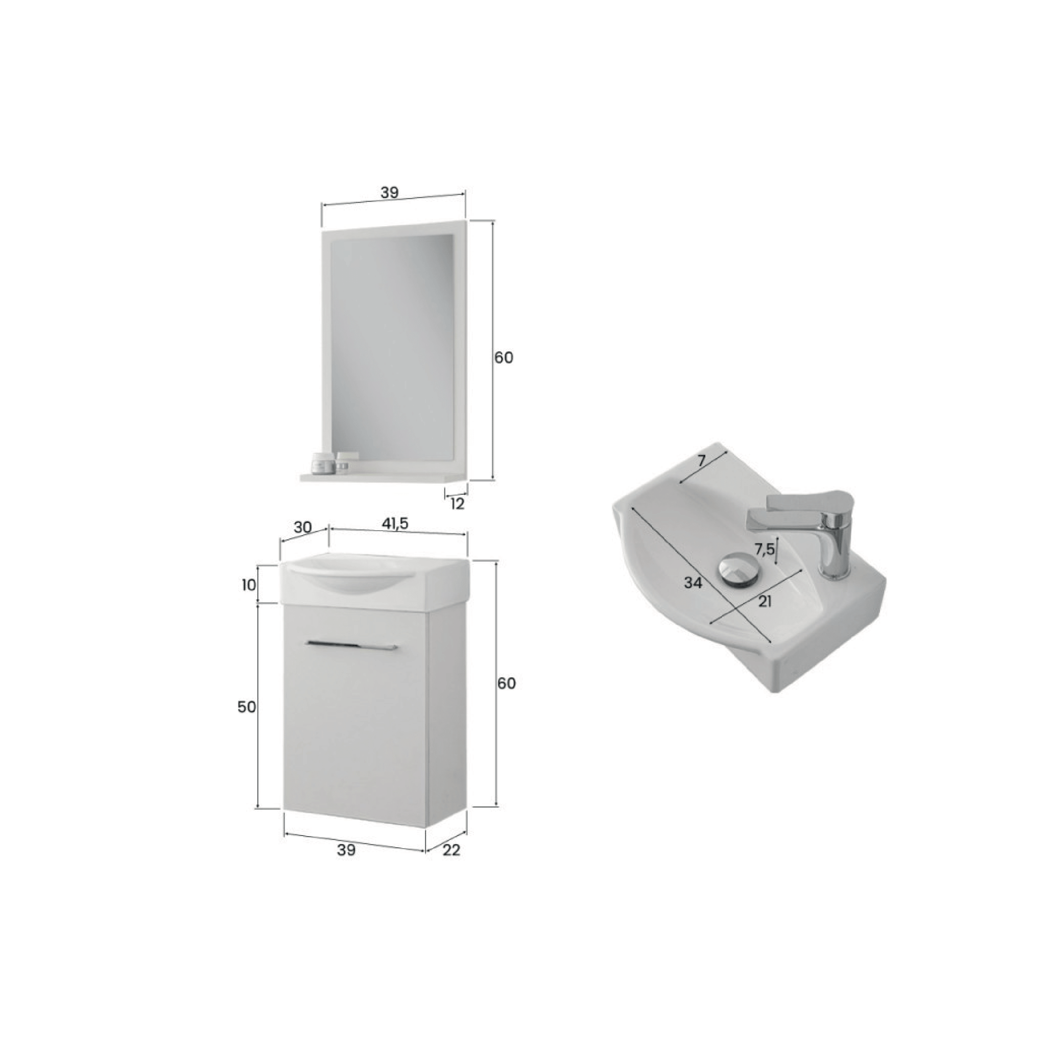 Mobile Bagno Sospeso 39 Cm Un'Anta Specchio Con Mensola Feridras "Elys" Bianco - Dabicasa