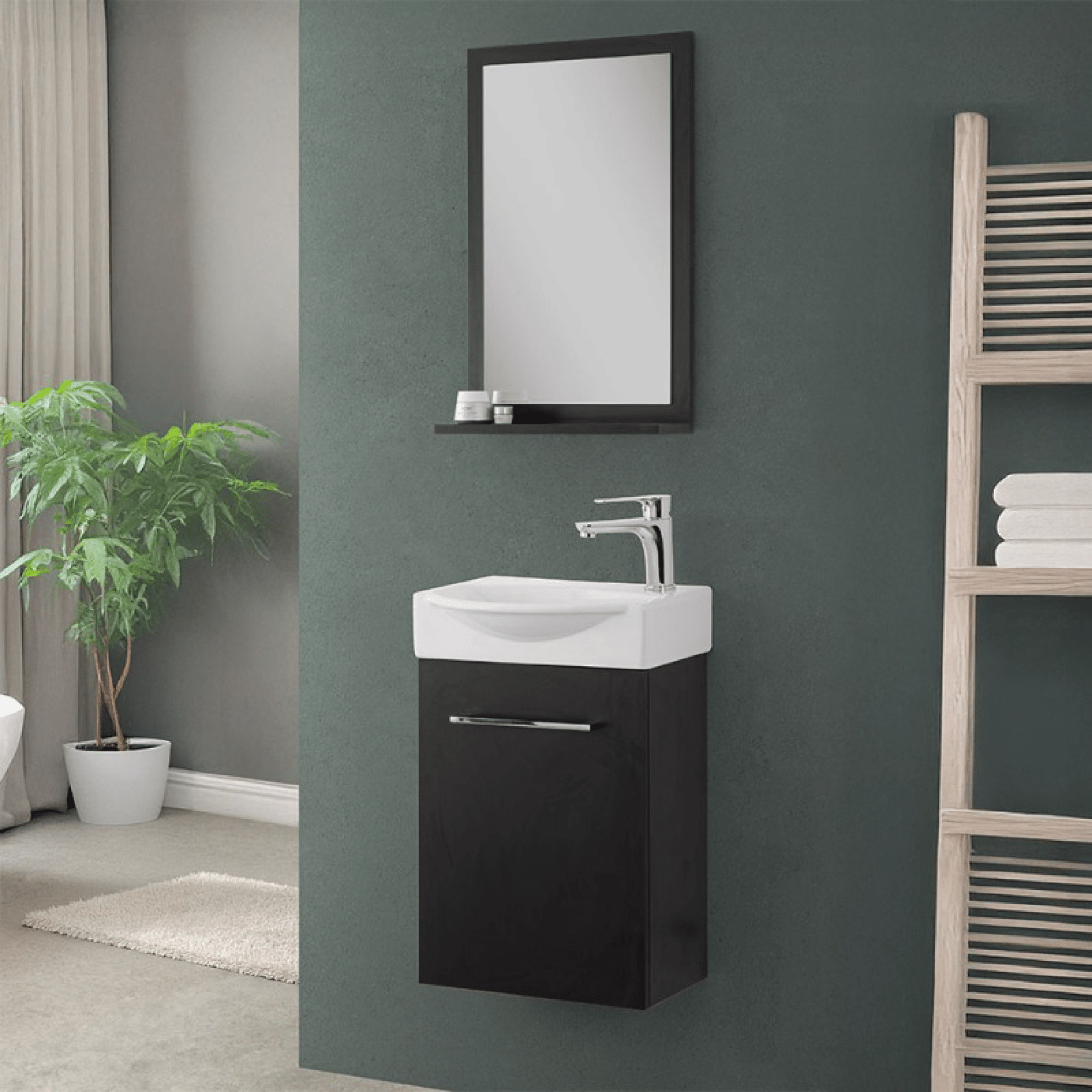 Mobile Bagno Sospeso 39 Cm Un'Anta Specchio Con Mensola Feridras "Elys" Nero - Dabicasa