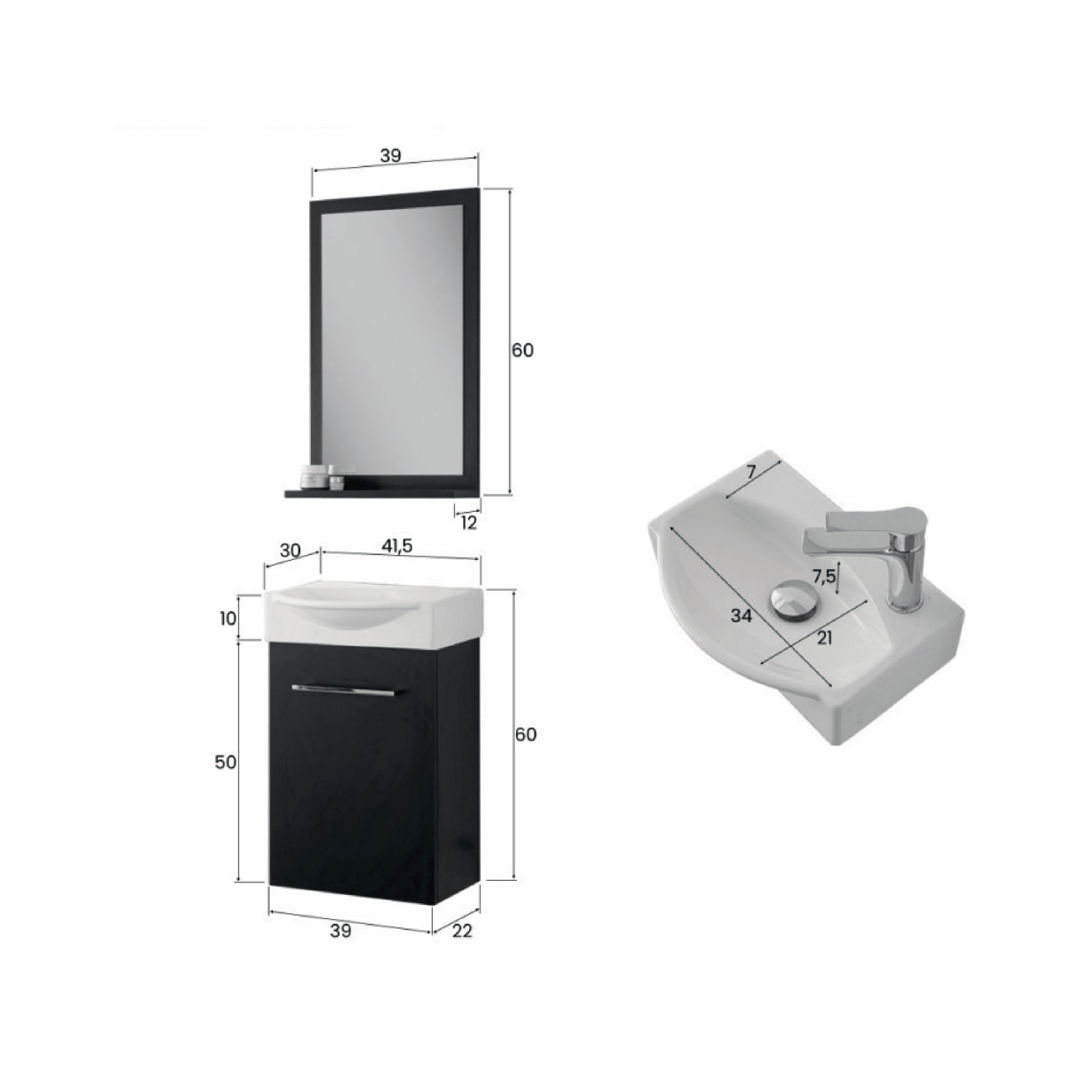 Mobile Bagno Sospeso 39 Cm Un'Anta Specchio Con Mensola Feridras "Elys" Nero - Dabicasa