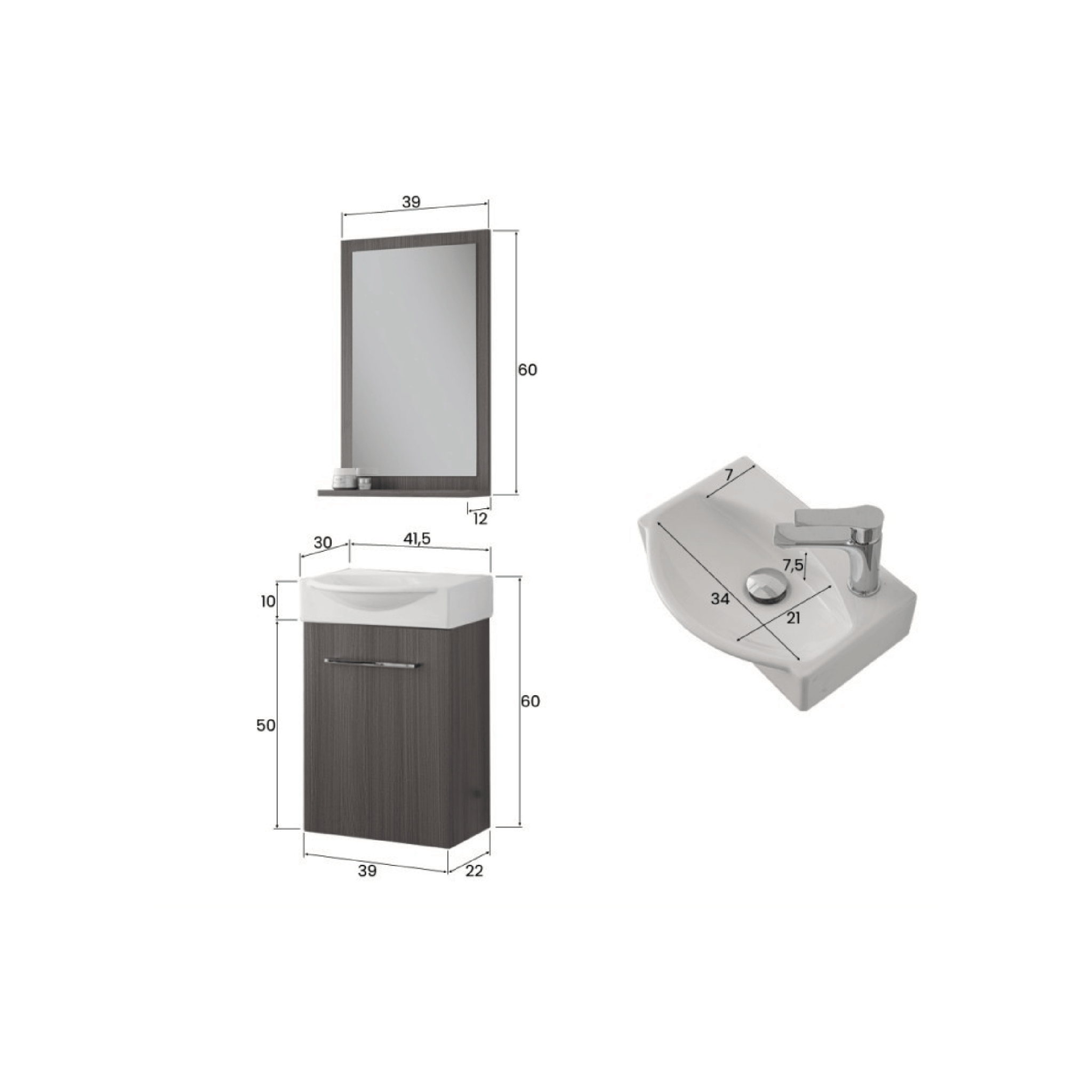 Mobile Bagno Sospeso 39 Cm Un'Anta Specchio Con Mensola Feridras "Elys" Rovere Scuro - Dabicasa