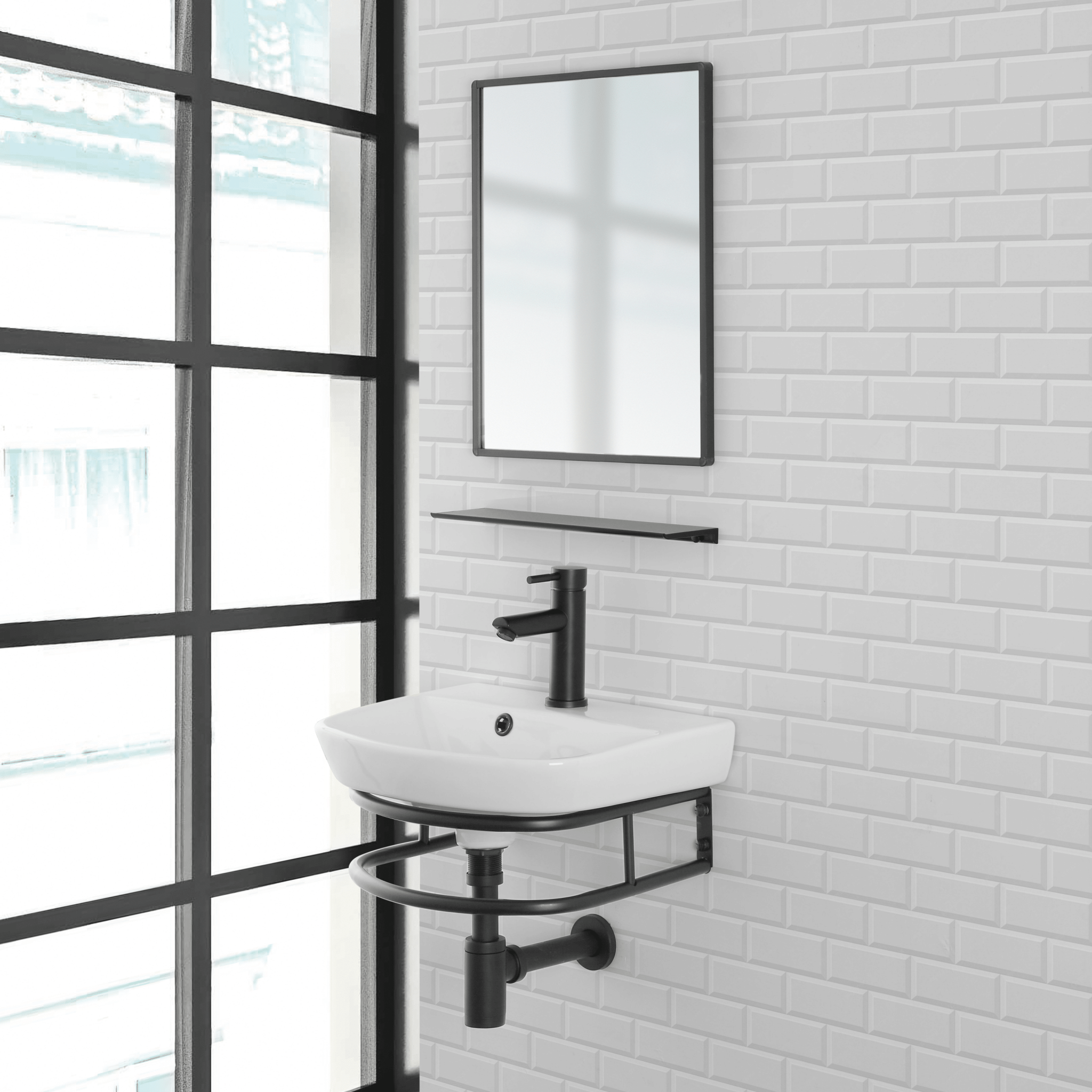 Mobile Bagno Sospeso 45 Cm Specchio e Mensola Feridras "Borg" Nero Opaco - Dabicasa