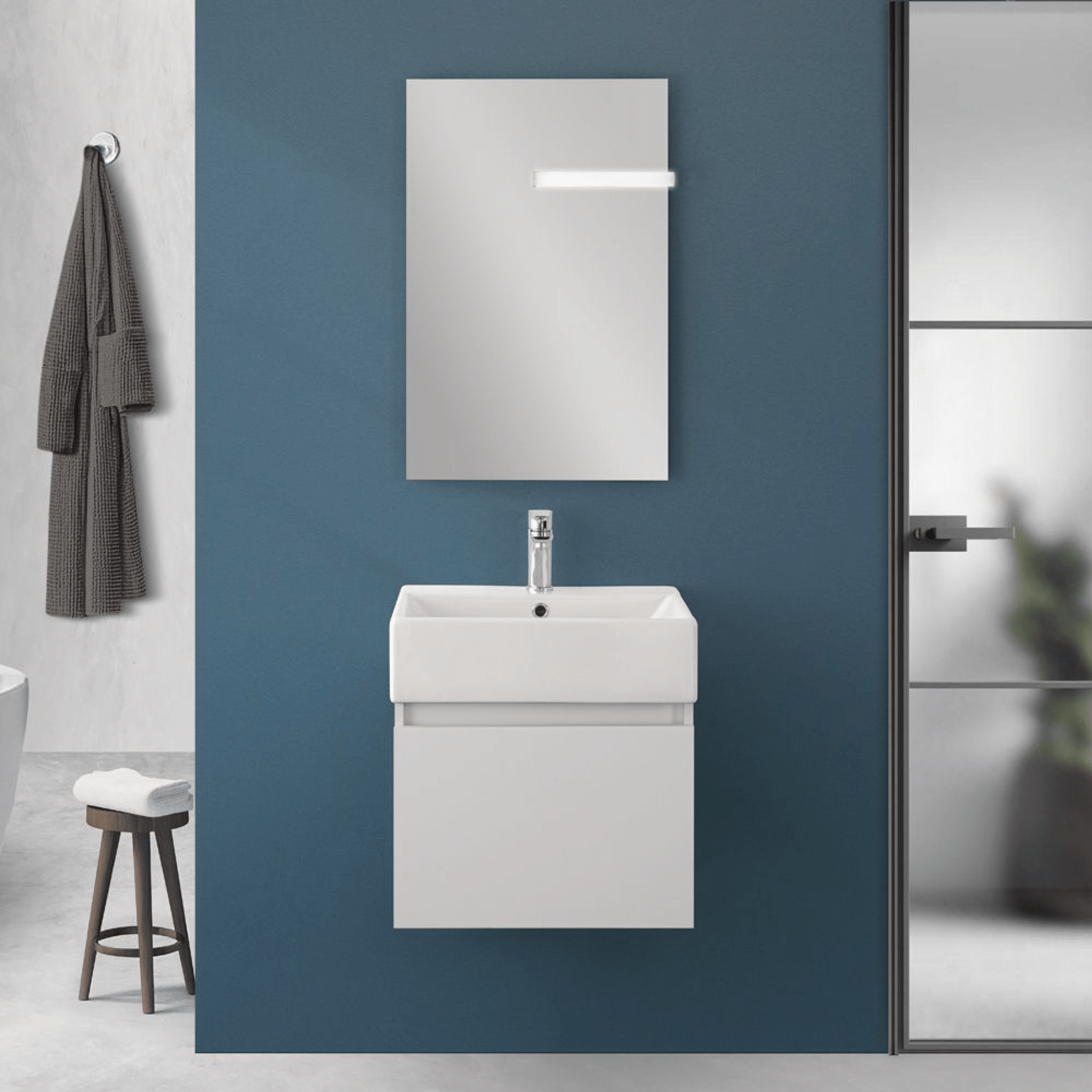 Mobile Bagno Sospeso 50 Cm Un'Anta Specchio Filo Lucido 50x60 Cm Feridras "Kira" Bianco - Dabicasa