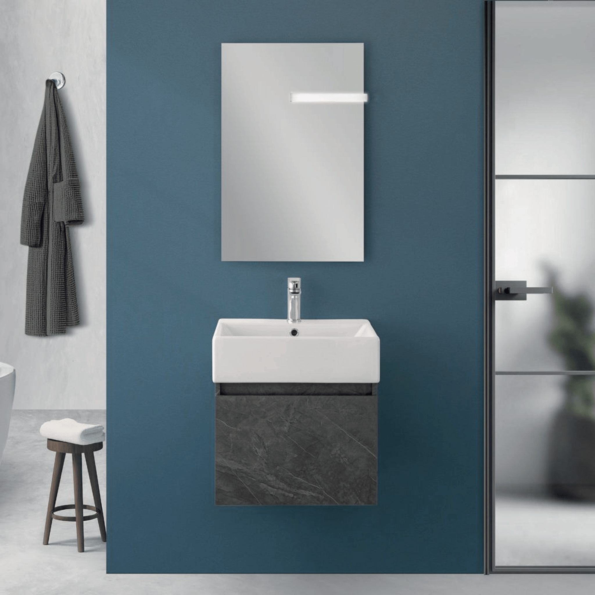 Mobile Bagno Sospeso 50 Cm Un'Anta Specchio Filo Lucido 50x60 Cm Feridras "Kira" Pietra - Dabicasa
