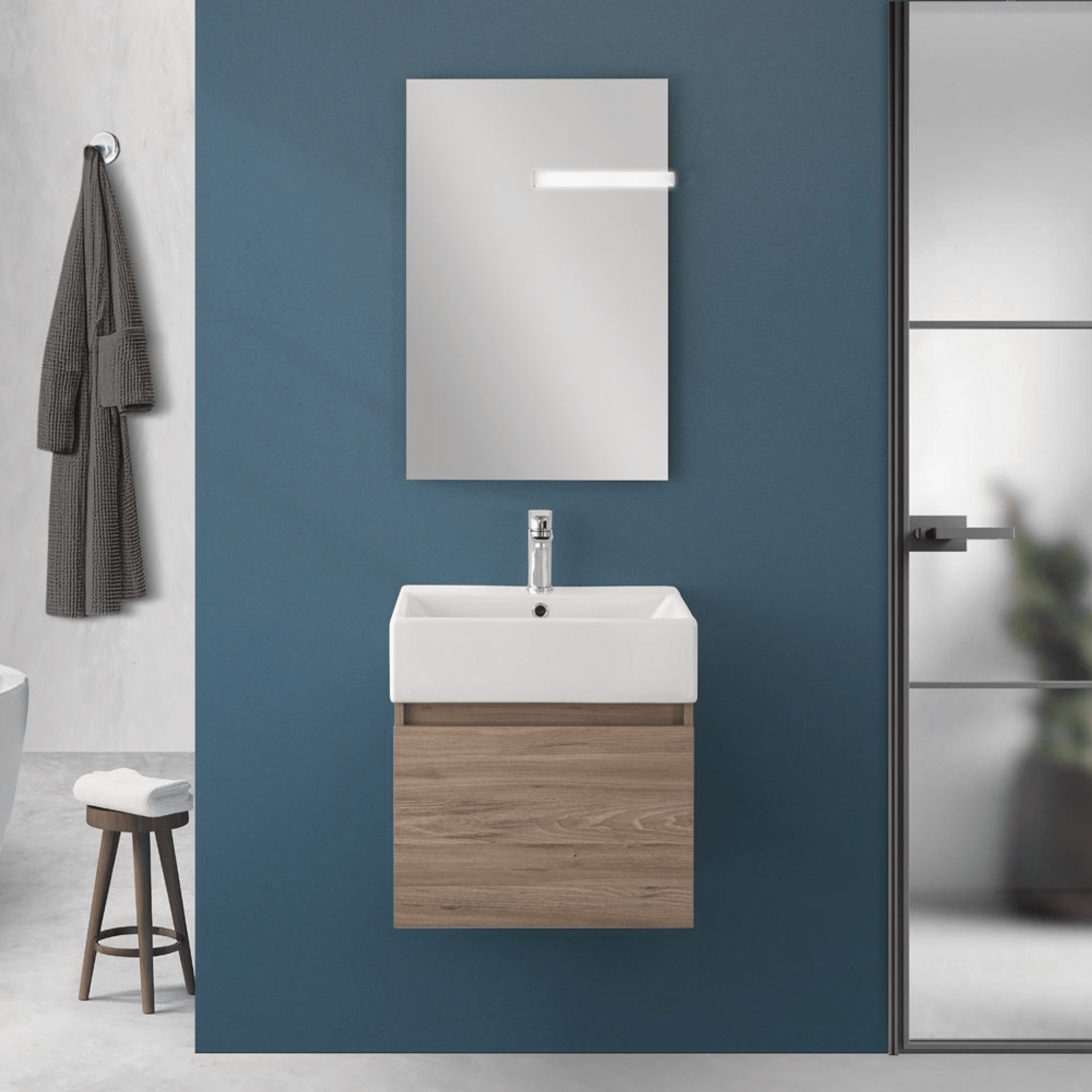 Mobile Bagno Sospeso 50 Cm Un'Anta Specchio Filo Lucido 50x60 Cm Feridras "Kira" Rovere - Dabicasa