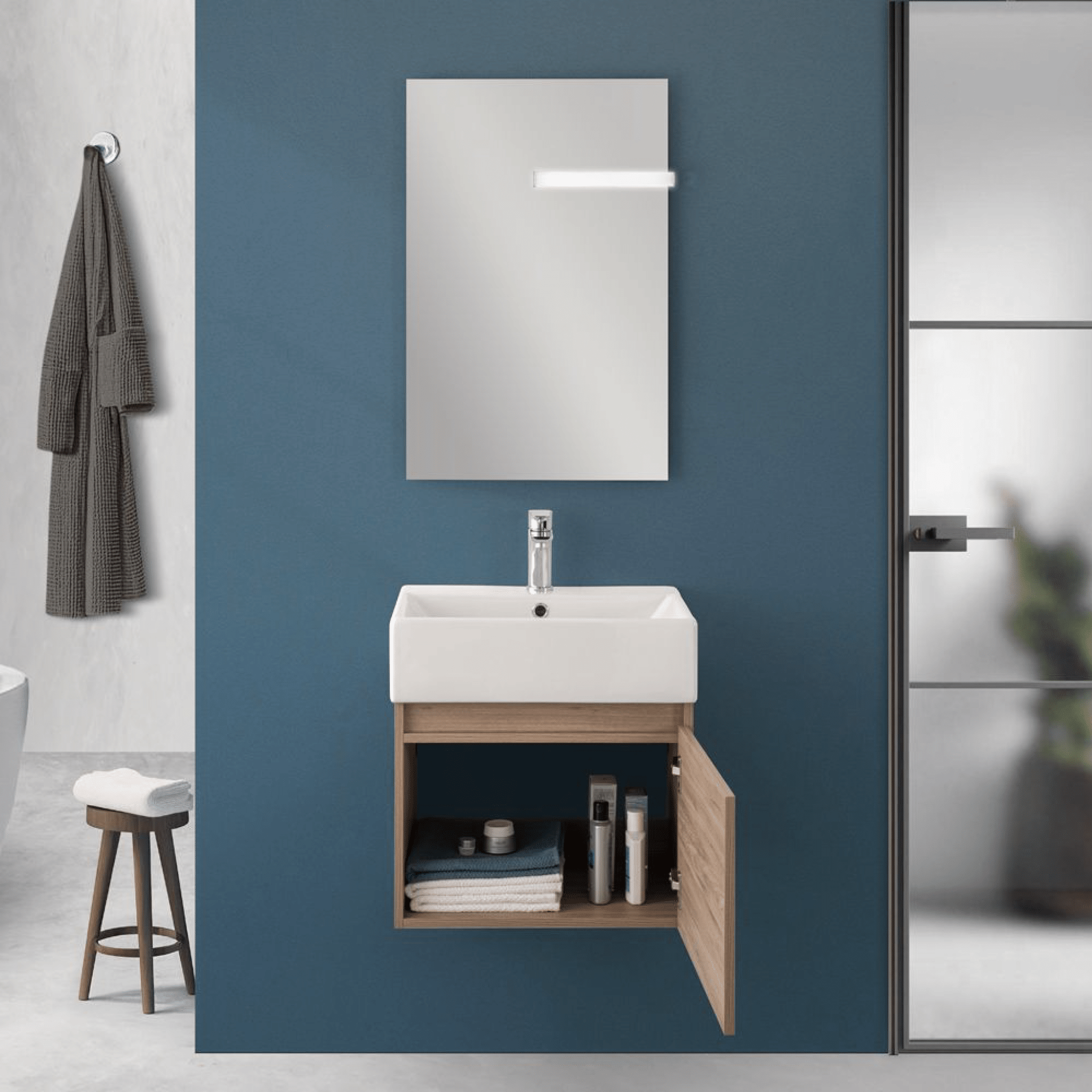 Mobile Bagno Sospeso 50 Cm Un'Anta Specchio Filo Lucido 50x60 Cm Feridras "Kira" Rovere - Dabicasa