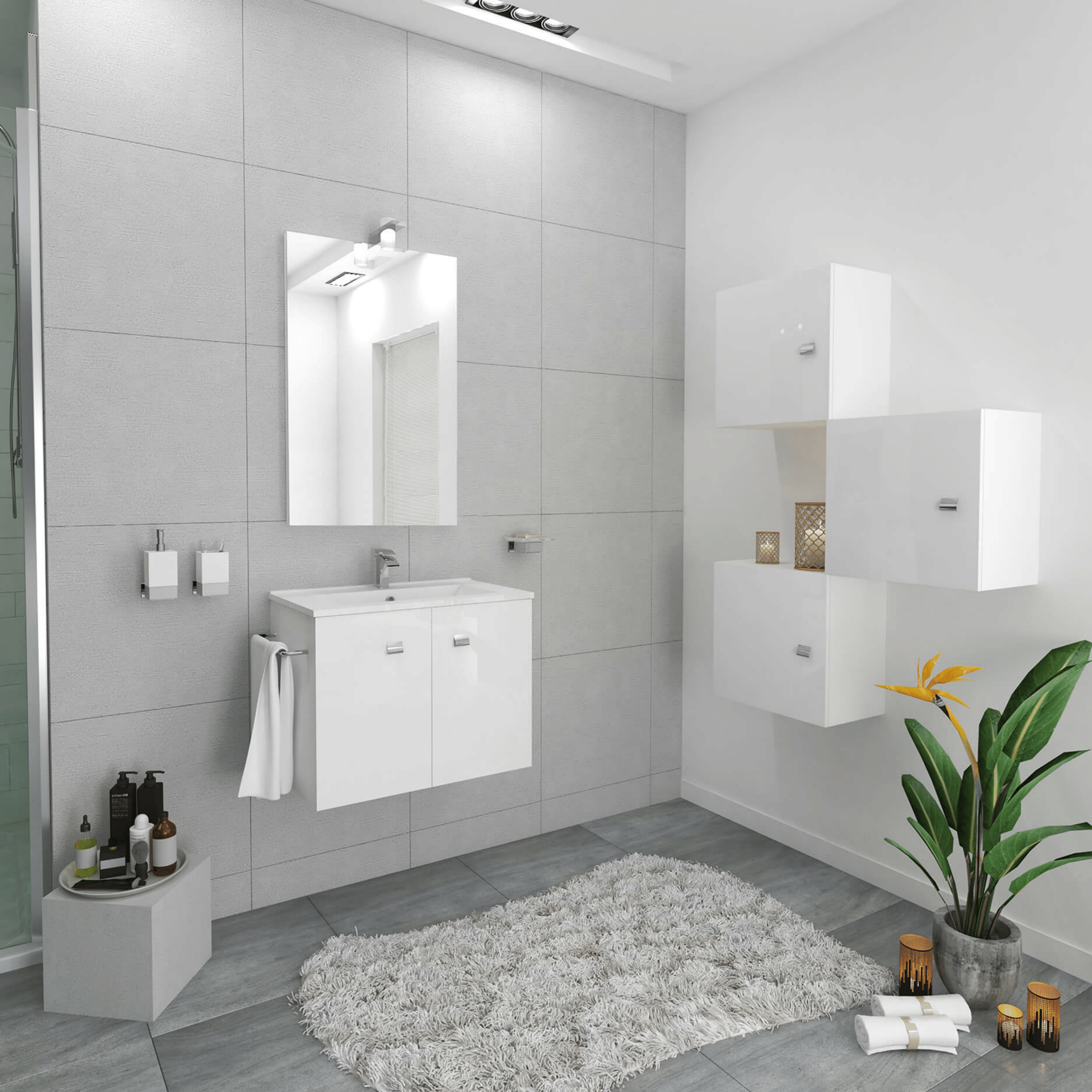 Mobile Bagno Sospeso 60 Cm Due Ante Specchio Con Illuminazione Led Savini Due "Zaffiro" Bianco Lucido - Dabicasa