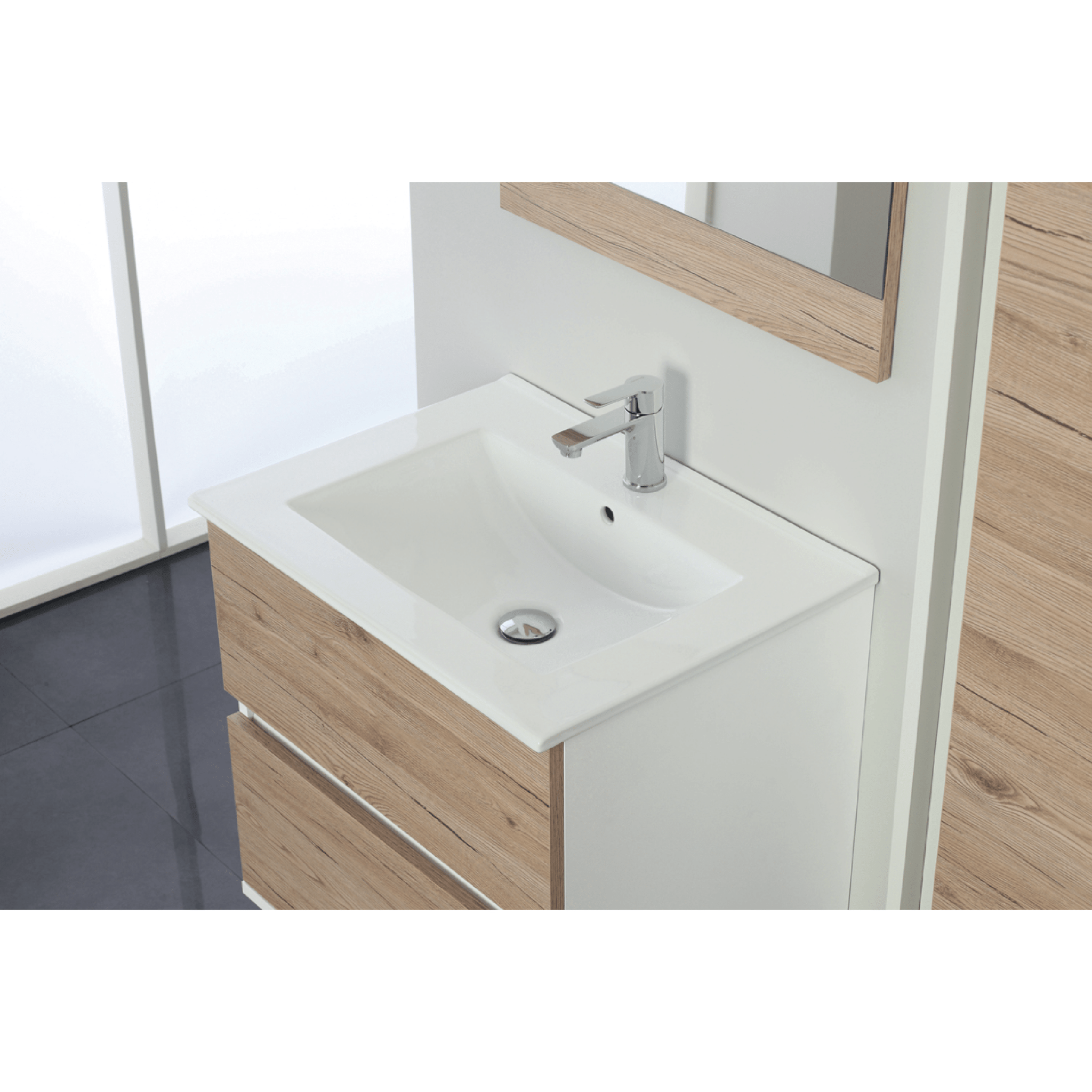 Mobile Bagno Sospeso 60 Cm Due Cassetti Specchio Feridras "Fabula" Bianco/ Rovere Di Bordeaux - Dabicasa