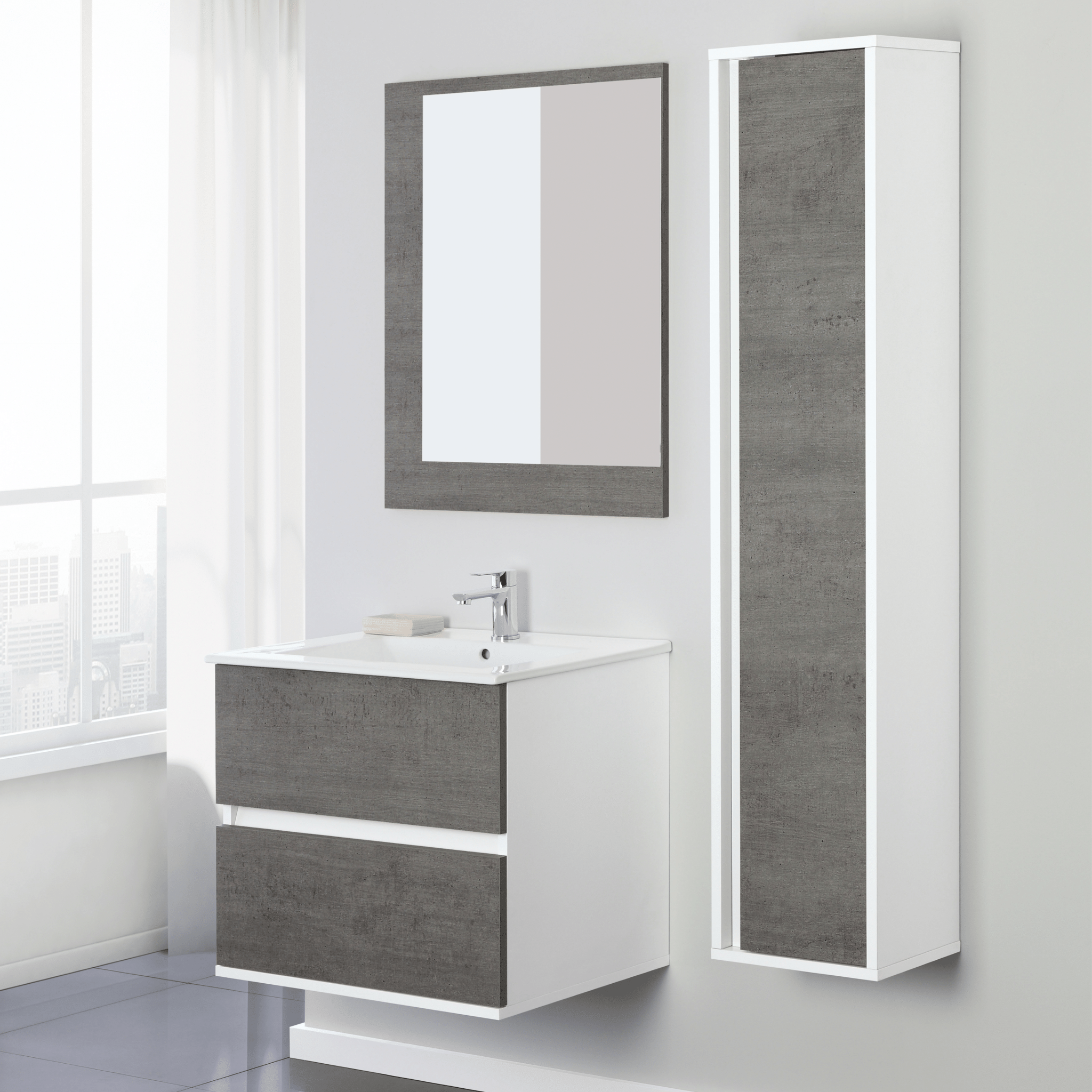 Mobile Bagno Sospeso 60 Cm Due Cassetti Specchio Feridras "Fabula" Bianco/Cemento - Dabicasa