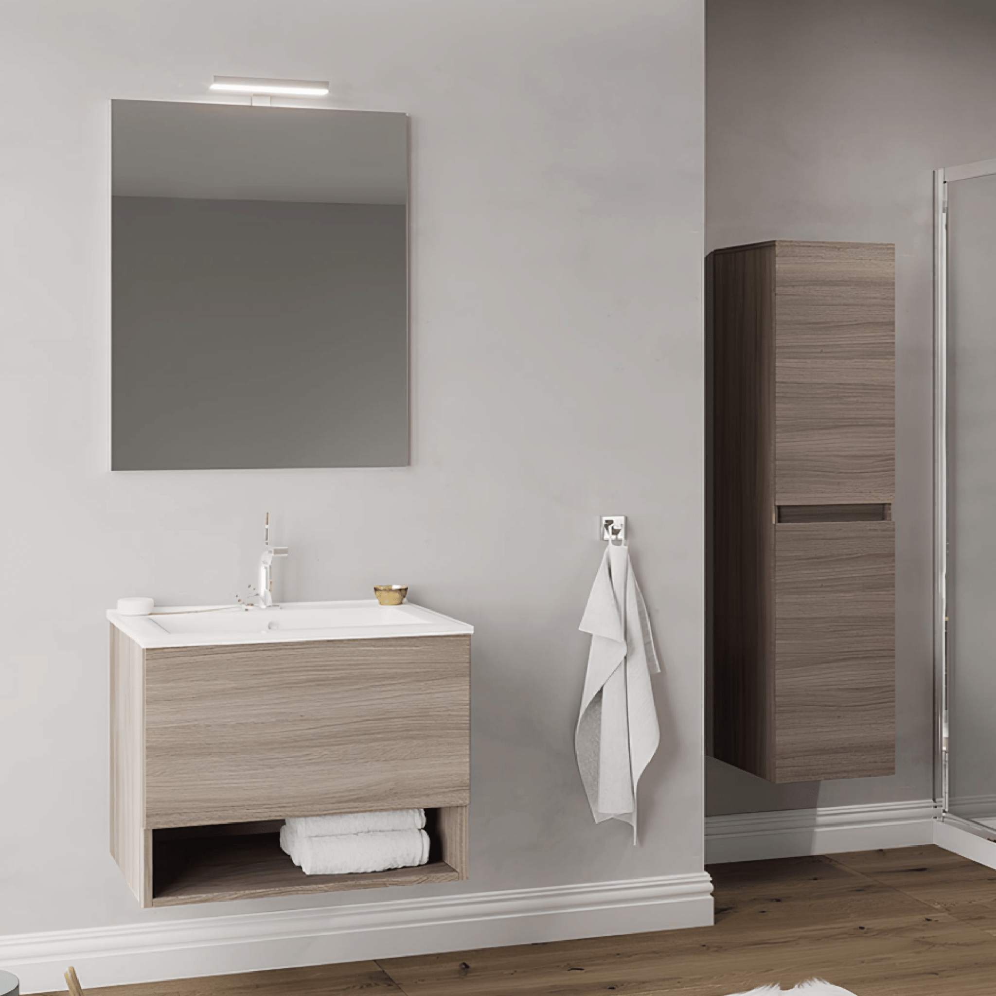 Mobile Bagno Sospeso 60 Cm Un Cassetto Con Vano a Giorno Specchio Con Illuminazione Led Savini Due "Oslo" - Dabicasa