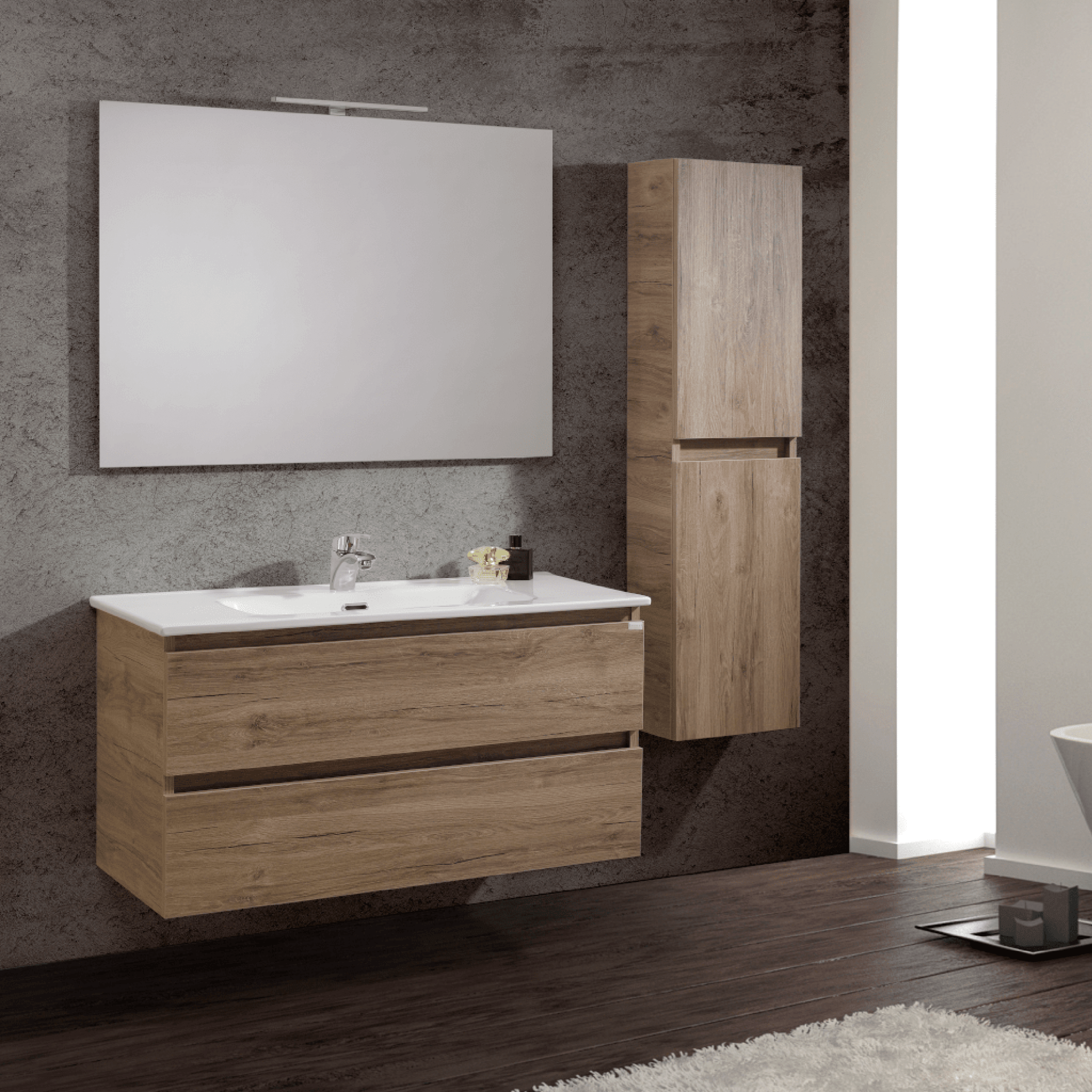 Mobile Bagno Sospeso 70 Cm Due Cassetti Specchio Con Illuminazione Led Esseci Arredo Bagno "Vulcano" - Dabicasa