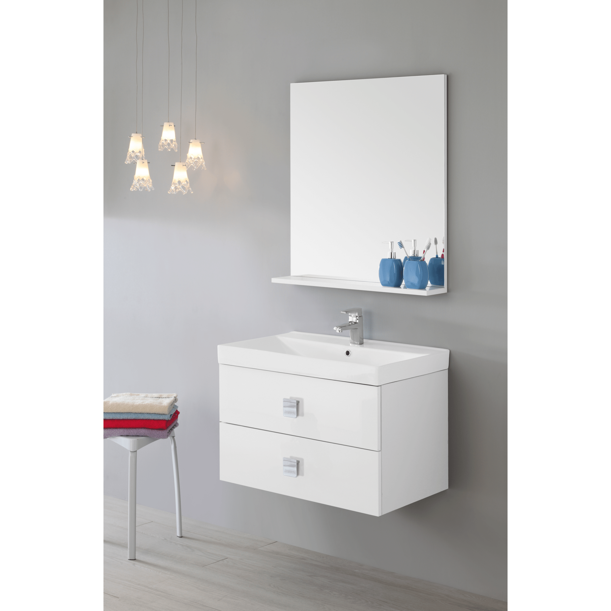 Mobile Bagno Sospeso 75 Cm Due Cassetti Specchio Con Mensola Feridras "Bravo" Bianco Lucido/Bianco Laccato - Dabicasa