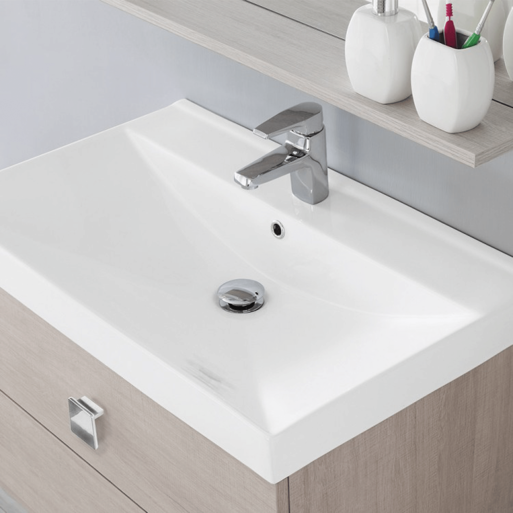 Mobile Bagno Sospeso 75 Cm Due Cassetti Specchio Con Mensola Feridras "Bravo" Rovere Chiaro - Dabicasa