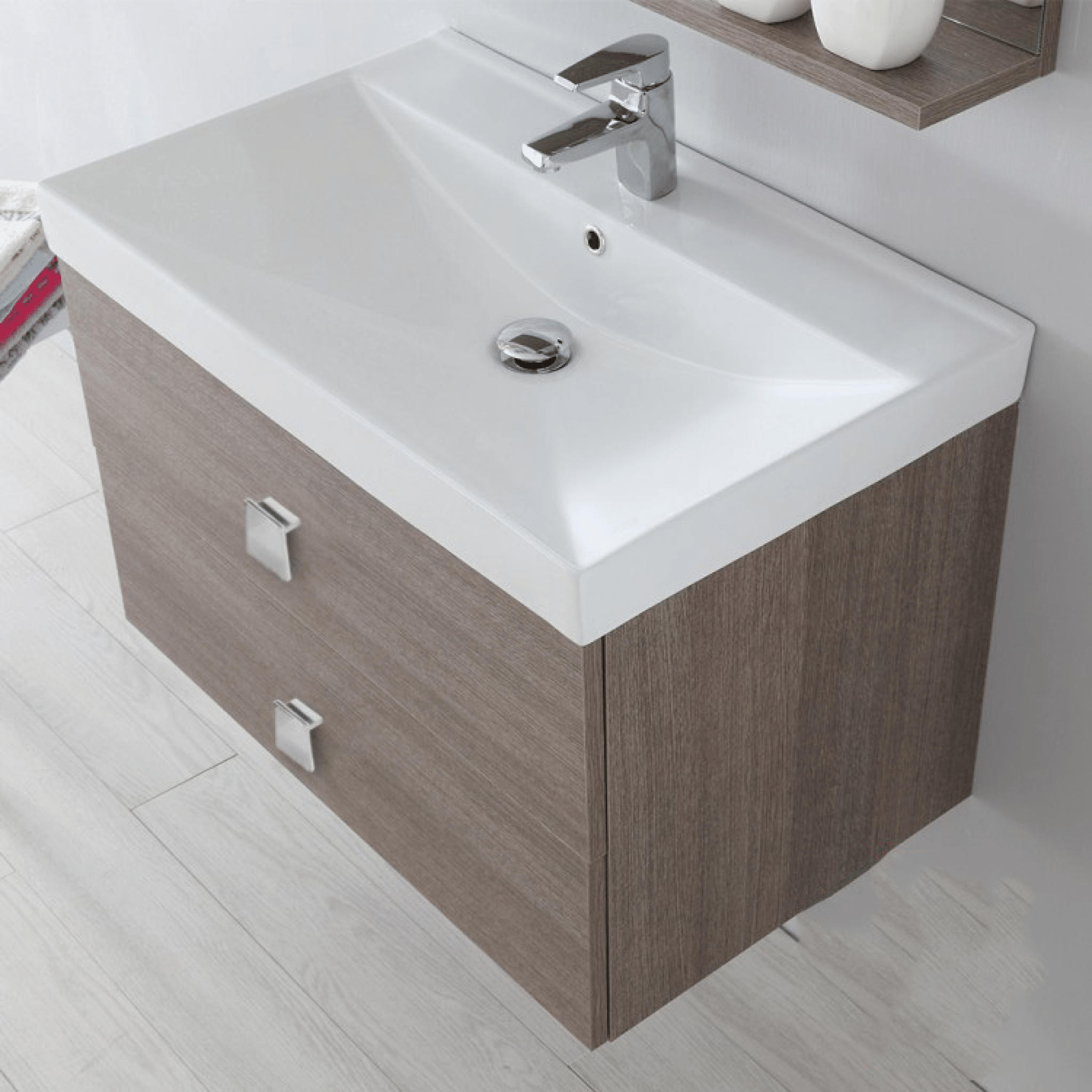 Mobile Bagno Sospeso 75 Cm Due Cassetti Specchio Con Mensola Feridras "Bravo" Rovere Scuro - Dabicasa