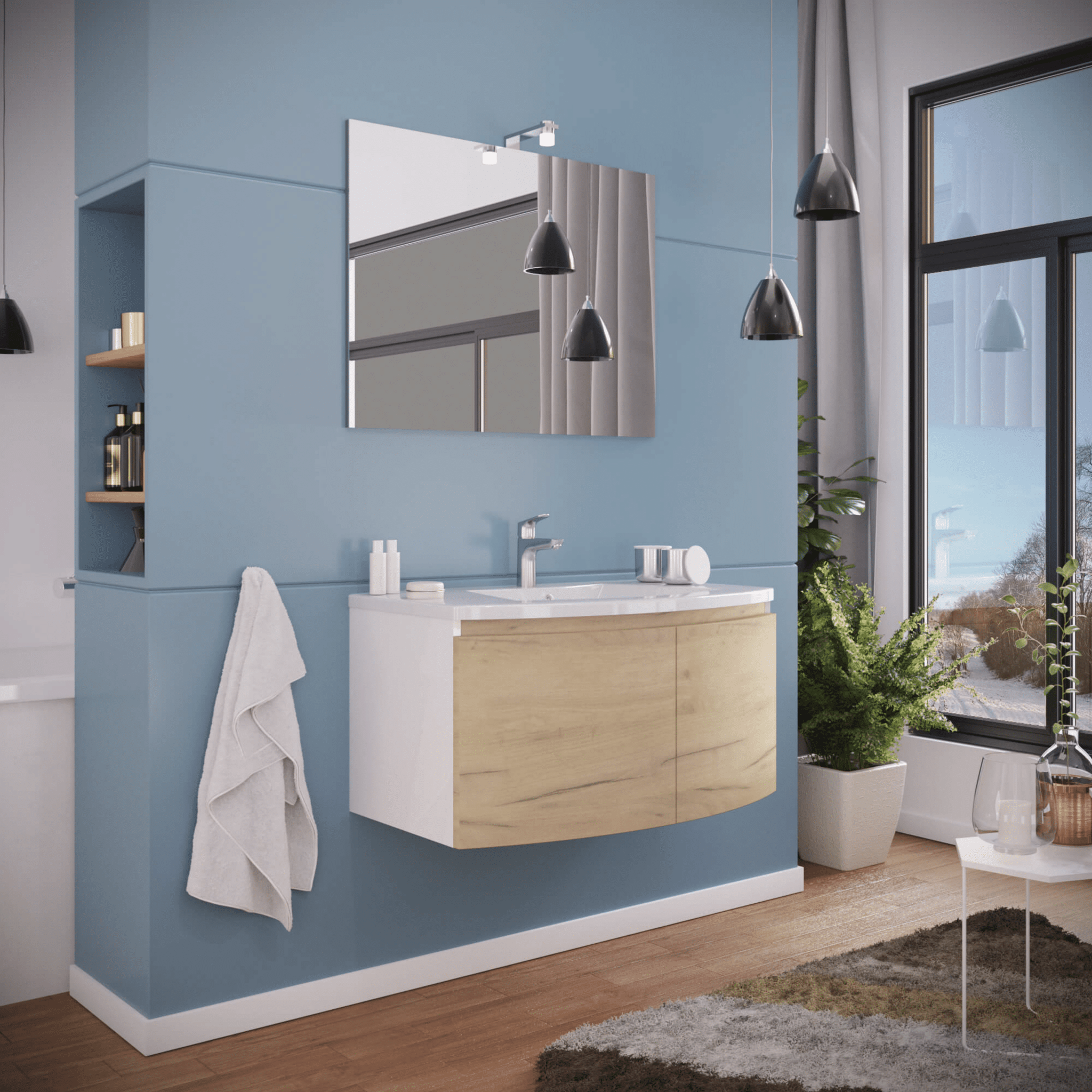 Mobile Bagno Sospeso 80 Cm Due Ante Specchio Con Illuminazione Led Savini Due "Giulia" Bianco Lucido/Rovere Oro - Dabicasa