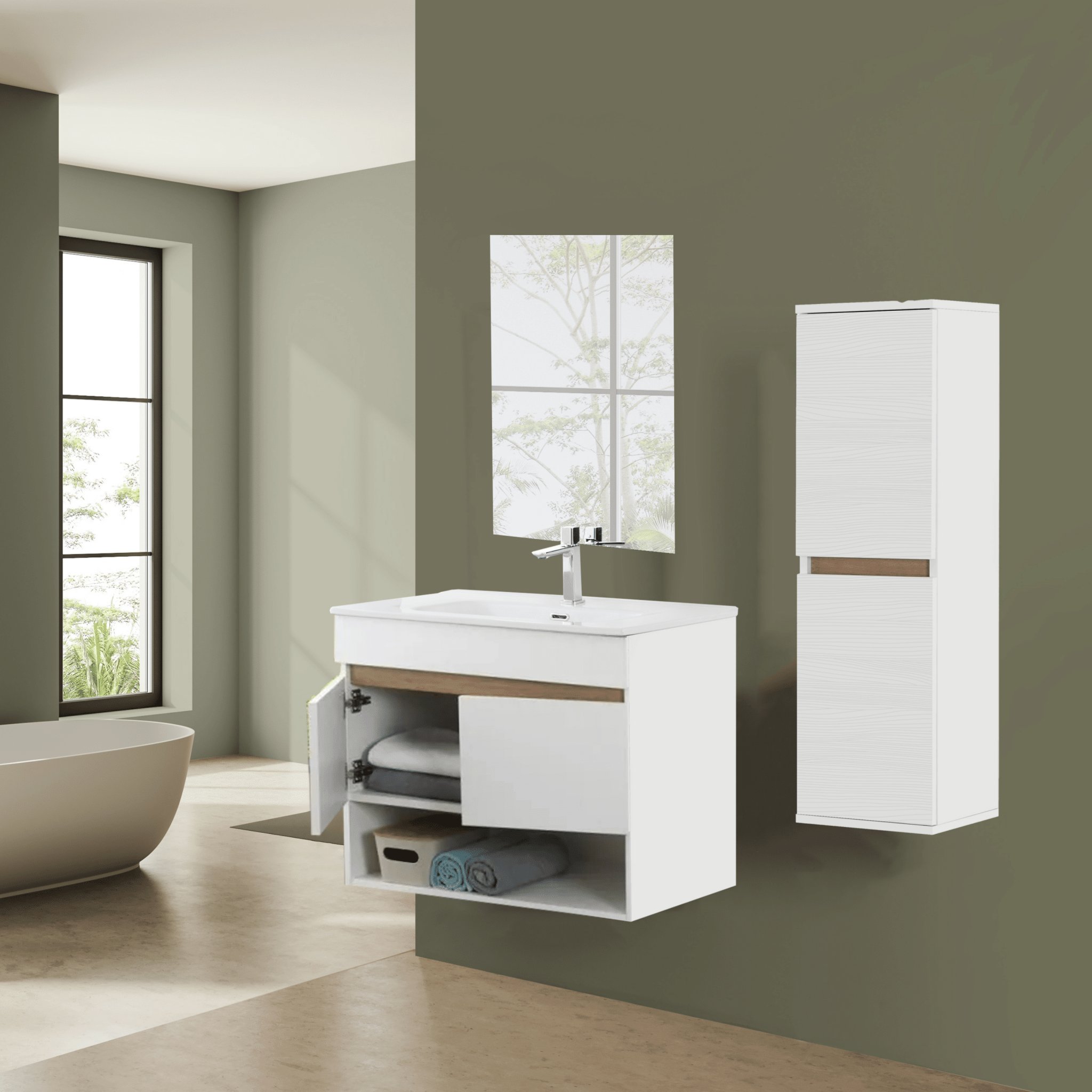 Mobile Bagno Sospeso 80 Cm Due Ante Vano a Giorno Specchio Feridras "Revital" Bianco Frassinato/Rovere - Dabicasa