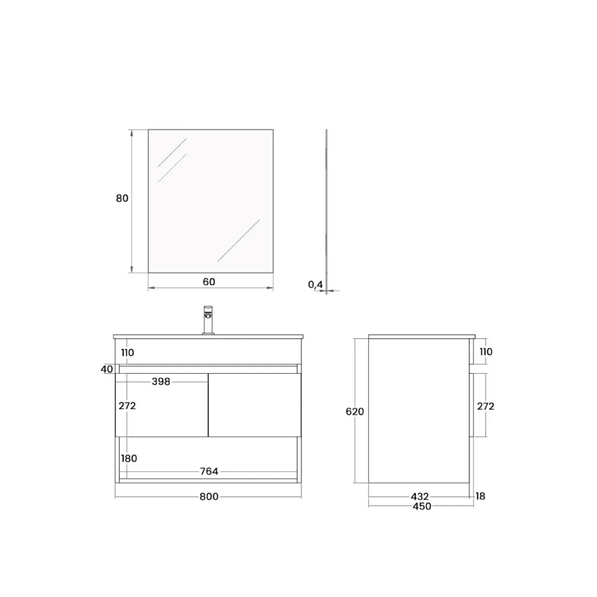 Mobile Bagno Sospeso 80 Cm Due Ante Vano a Giorno Specchio Feridras "Revital" Noce Canaletto - Dabicasa
