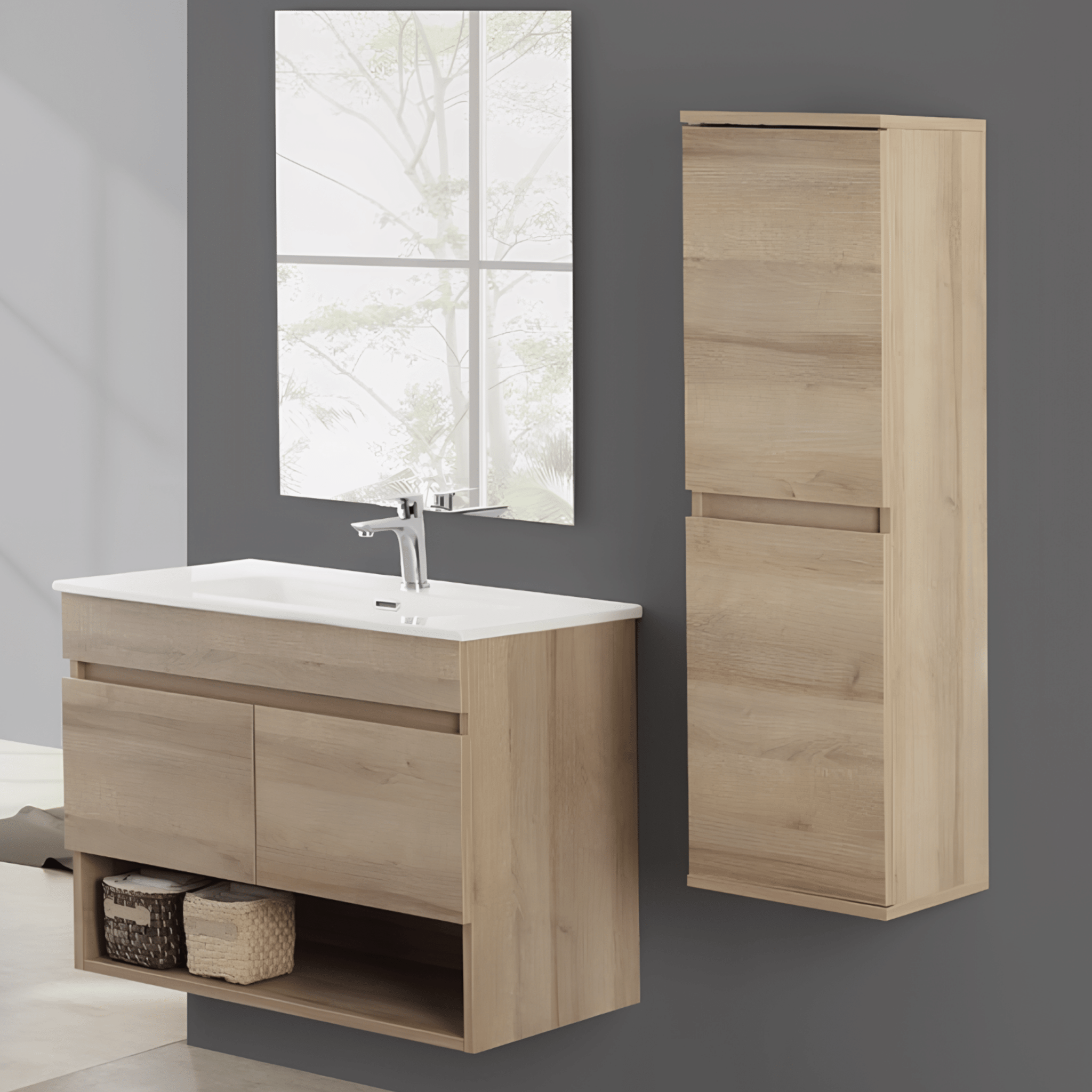 Mobile Bagno Sospeso 80 Cm Due Ante Vano a Giorno Specchio Feridras "Revital" Rovere Di Bordeaux - Dabicasa