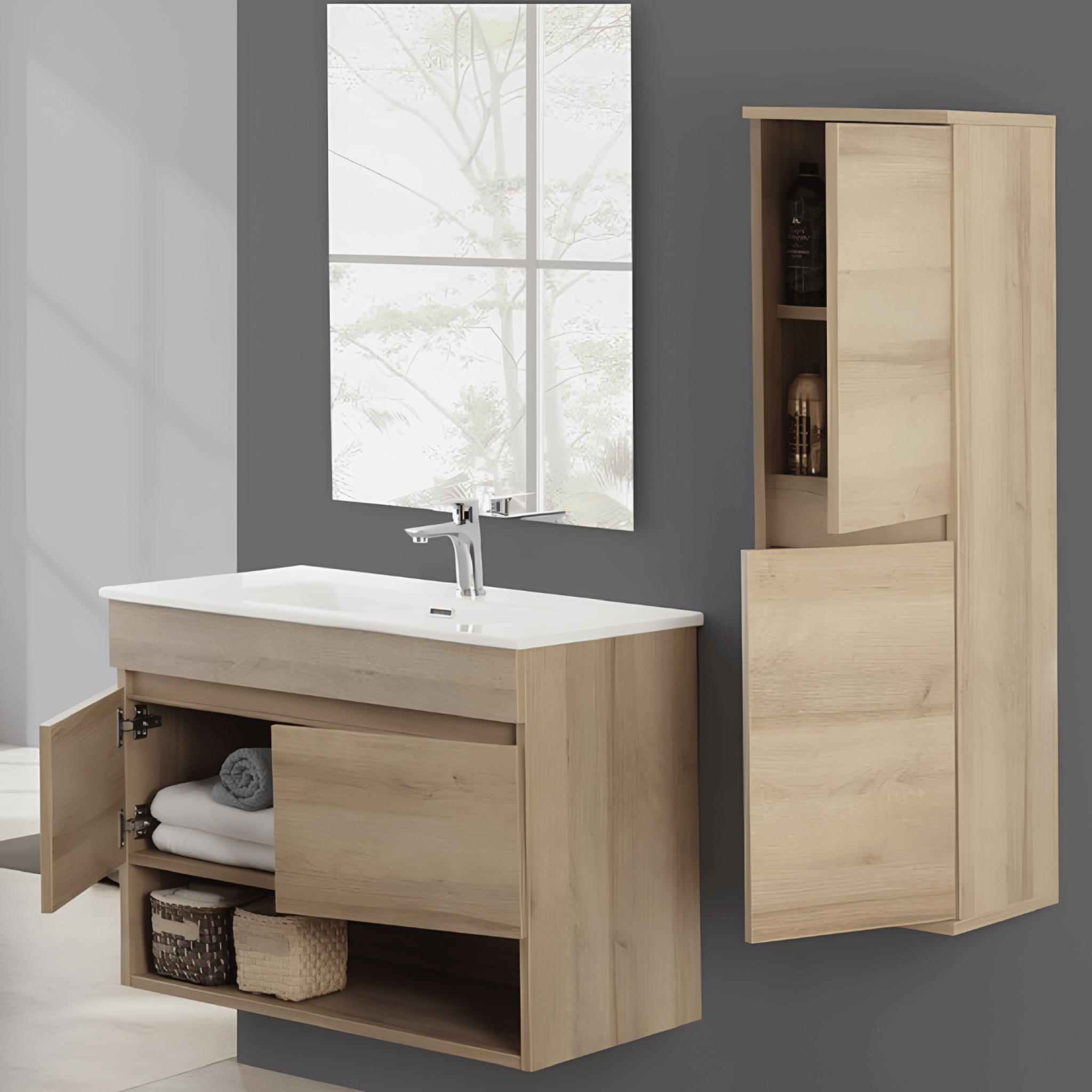 Mobile Bagno Sospeso 80 Cm Due Ante Vano a Giorno Specchio Feridras "Revital" Rovere Di Bordeaux - Dabicasa