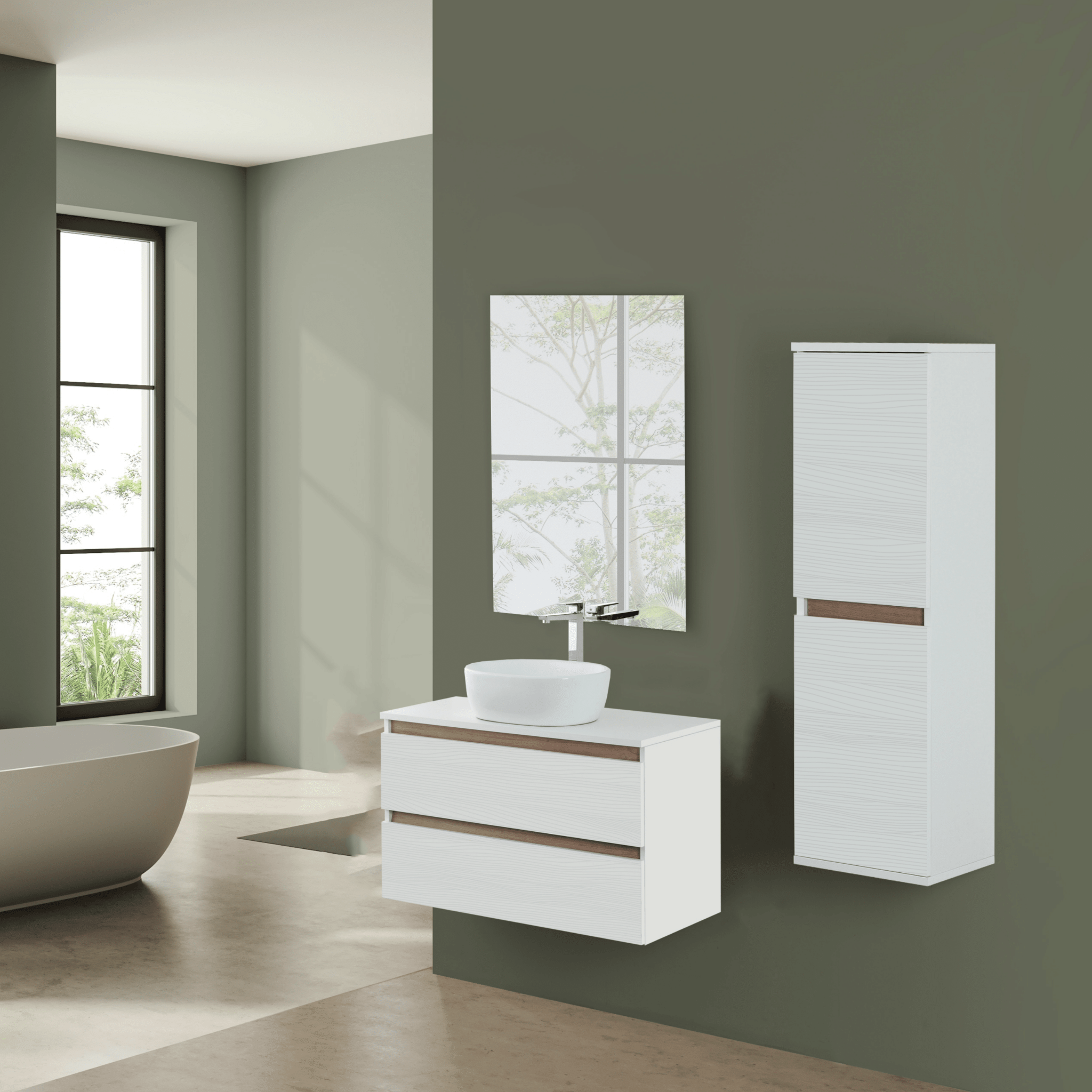 Mobile Bagno Sospeso 80 Cm Due Cassetti Specchio Feridras "Revital" Bianco Frassinato/Rovere - Dabicasa