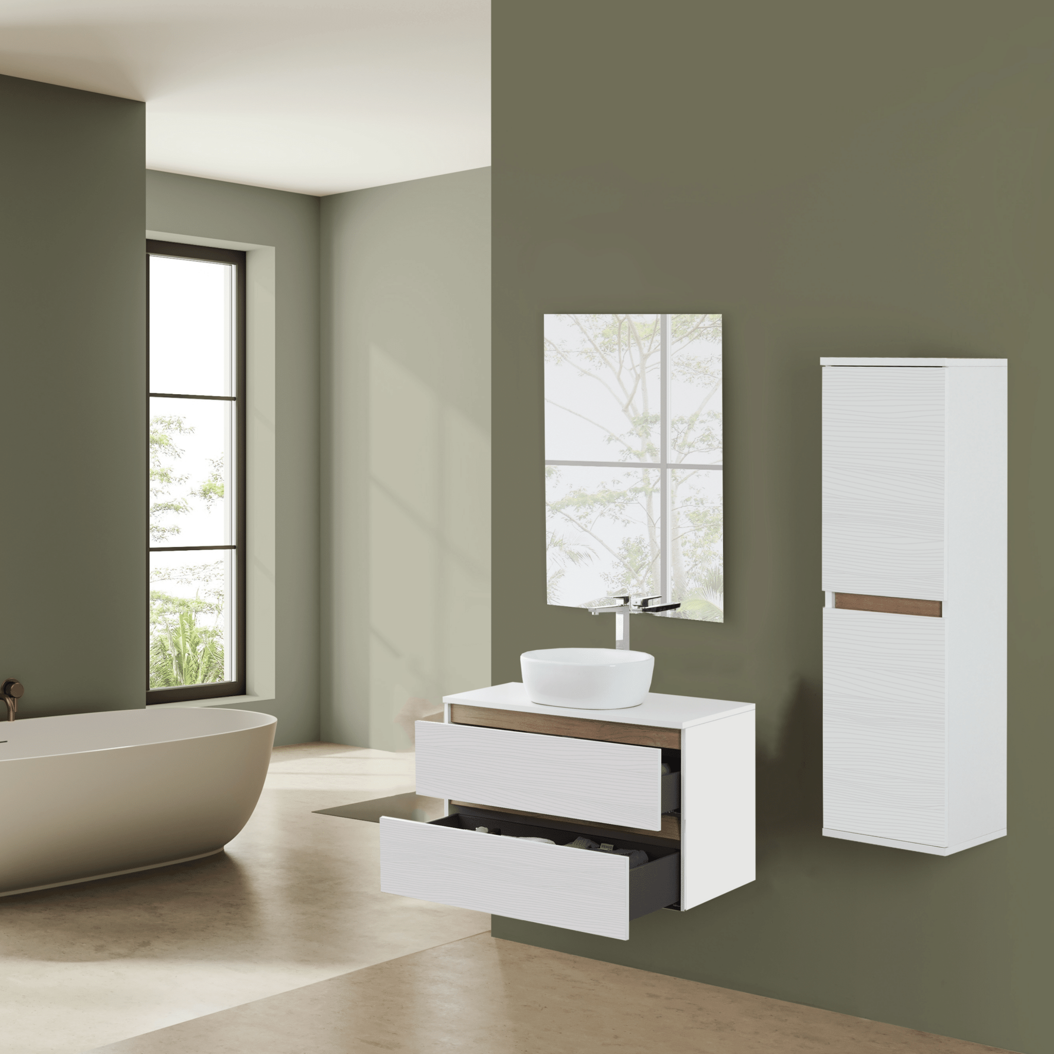 Mobile Bagno Sospeso 80 Cm Due Cassetti Specchio Feridras "Revital" Bianco Frassinato/Rovere - Dabicasa