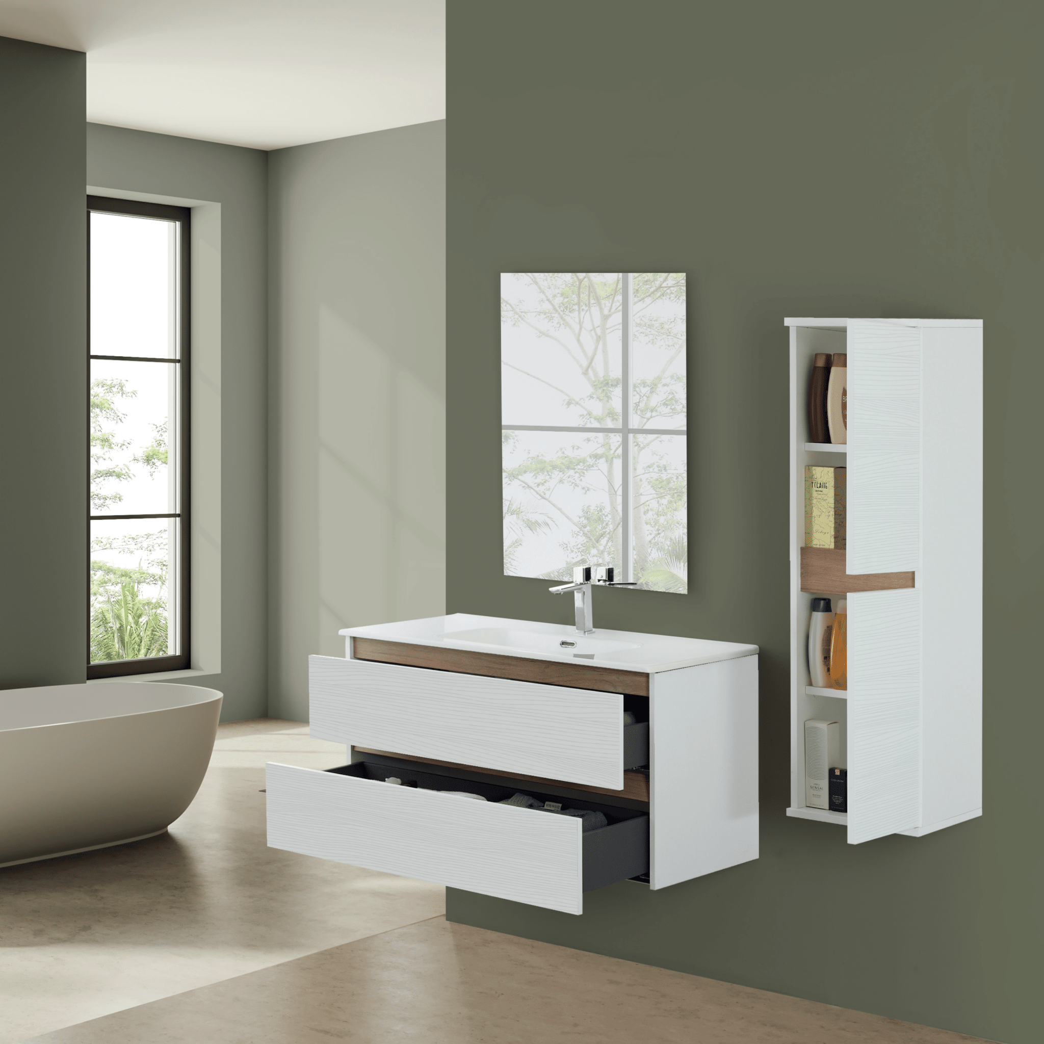 Mobile Bagno Sospeso 80 Cm Due Cassetti Specchio Feridras "Revital" Bianco Frassinato/Rovere - Dabicasa