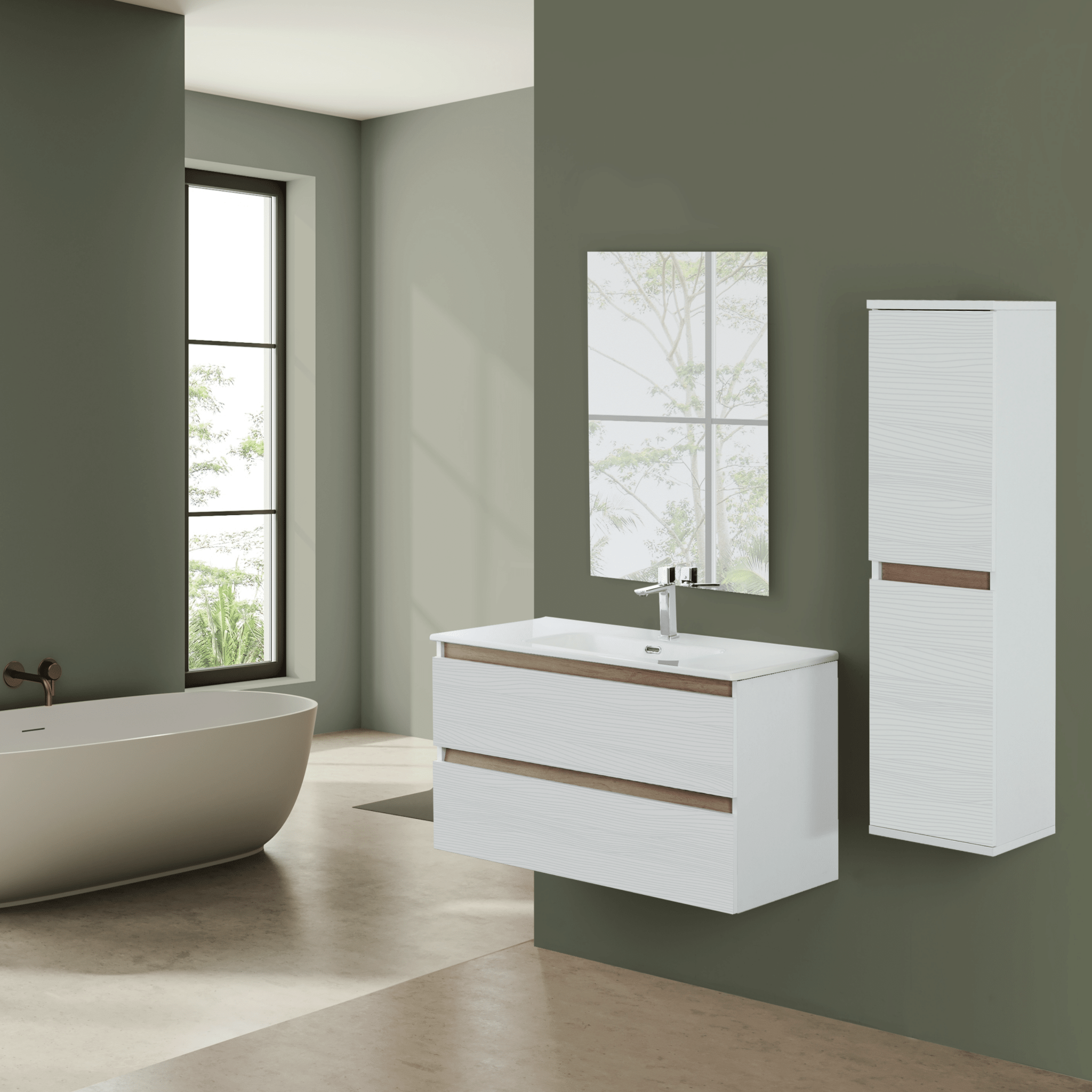 Mobile Bagno Sospeso 80 Cm Due Cassetti Specchio Feridras "Revital" Bianco Frassinato/Rovere - Dabicasa