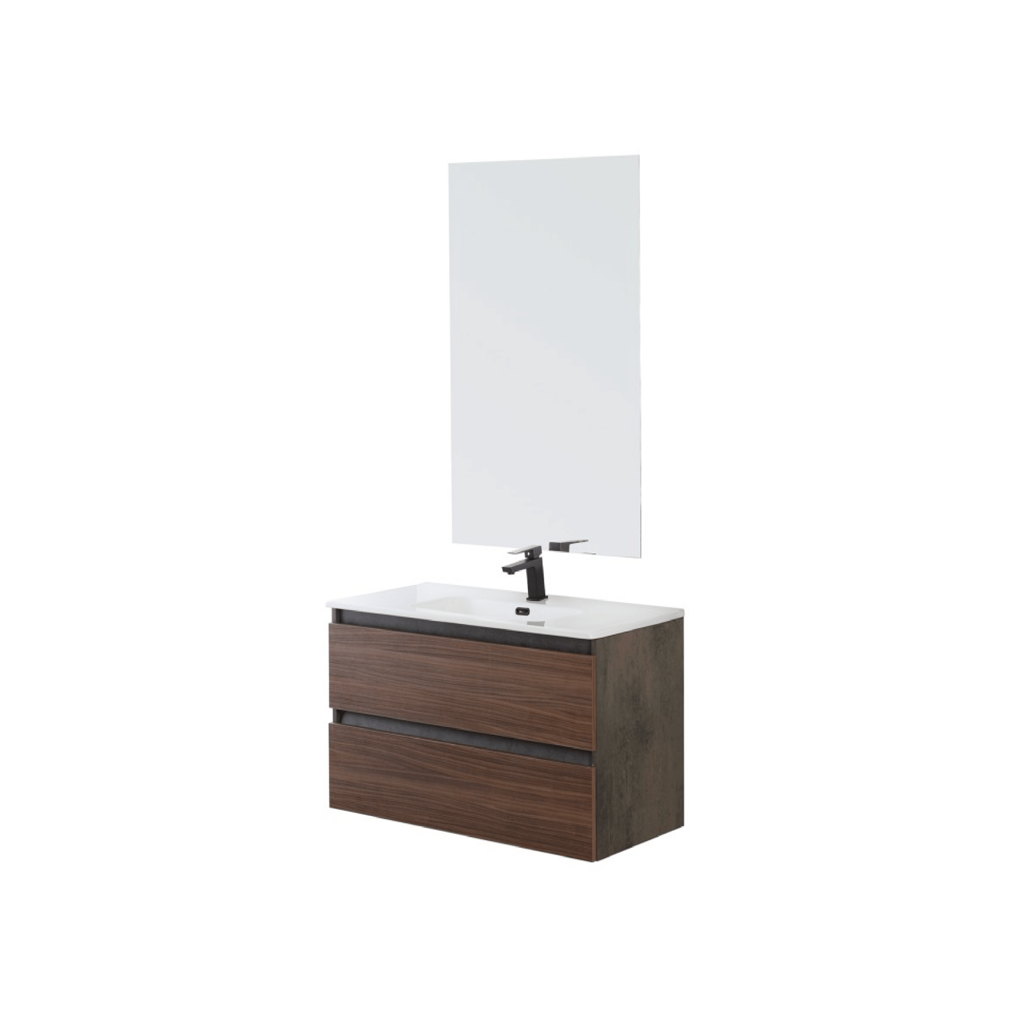 Mobile Bagno Sospeso 80 Cm Due Cassetti Specchio Feridras "Revital" Ossido Grigio/Noce Canaletto - Dabicasa