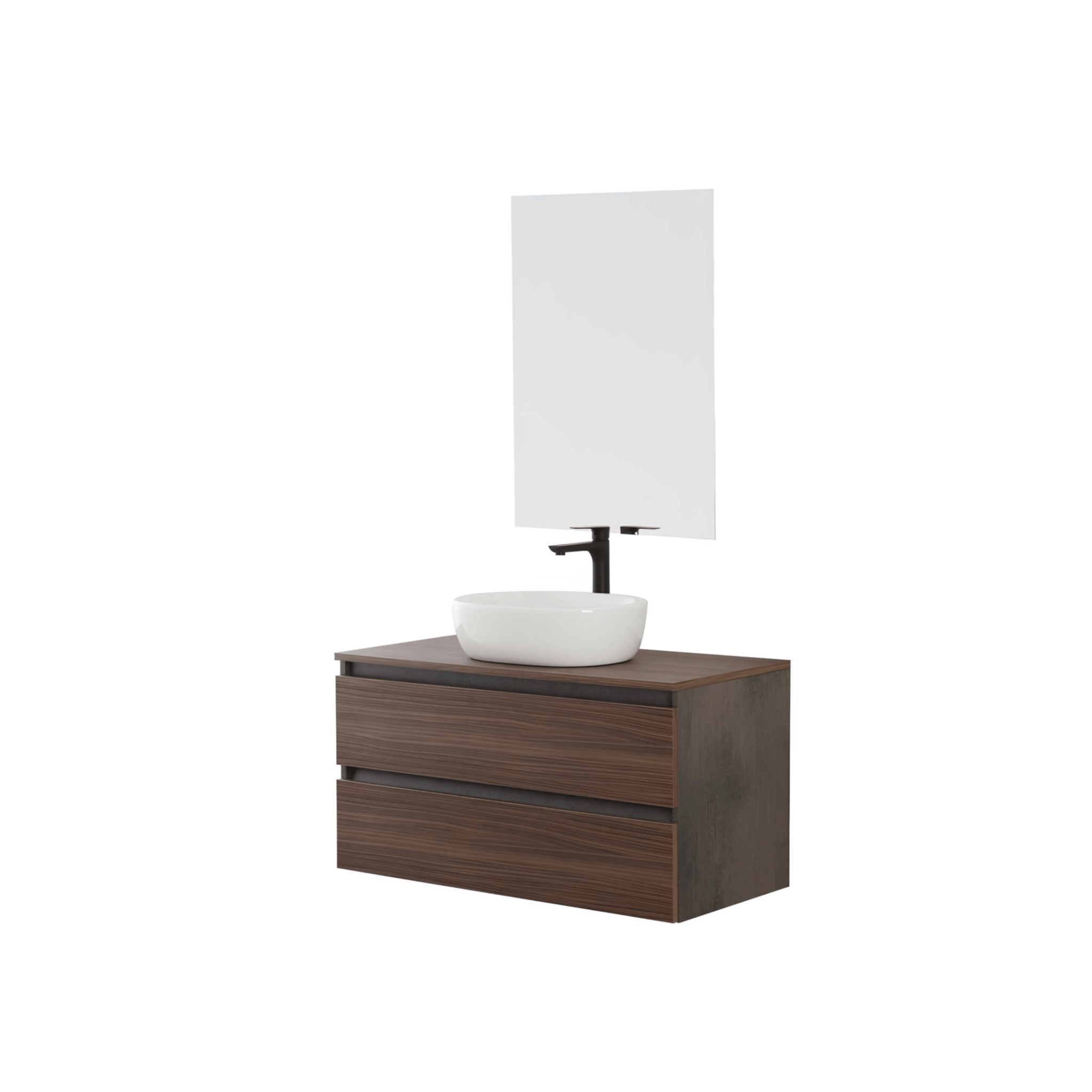 Mobile Bagno Sospeso 80 Cm Due Cassetti Specchio Feridras "Revital" Ossido Grigio/Noce Canaletto - Dabicasa