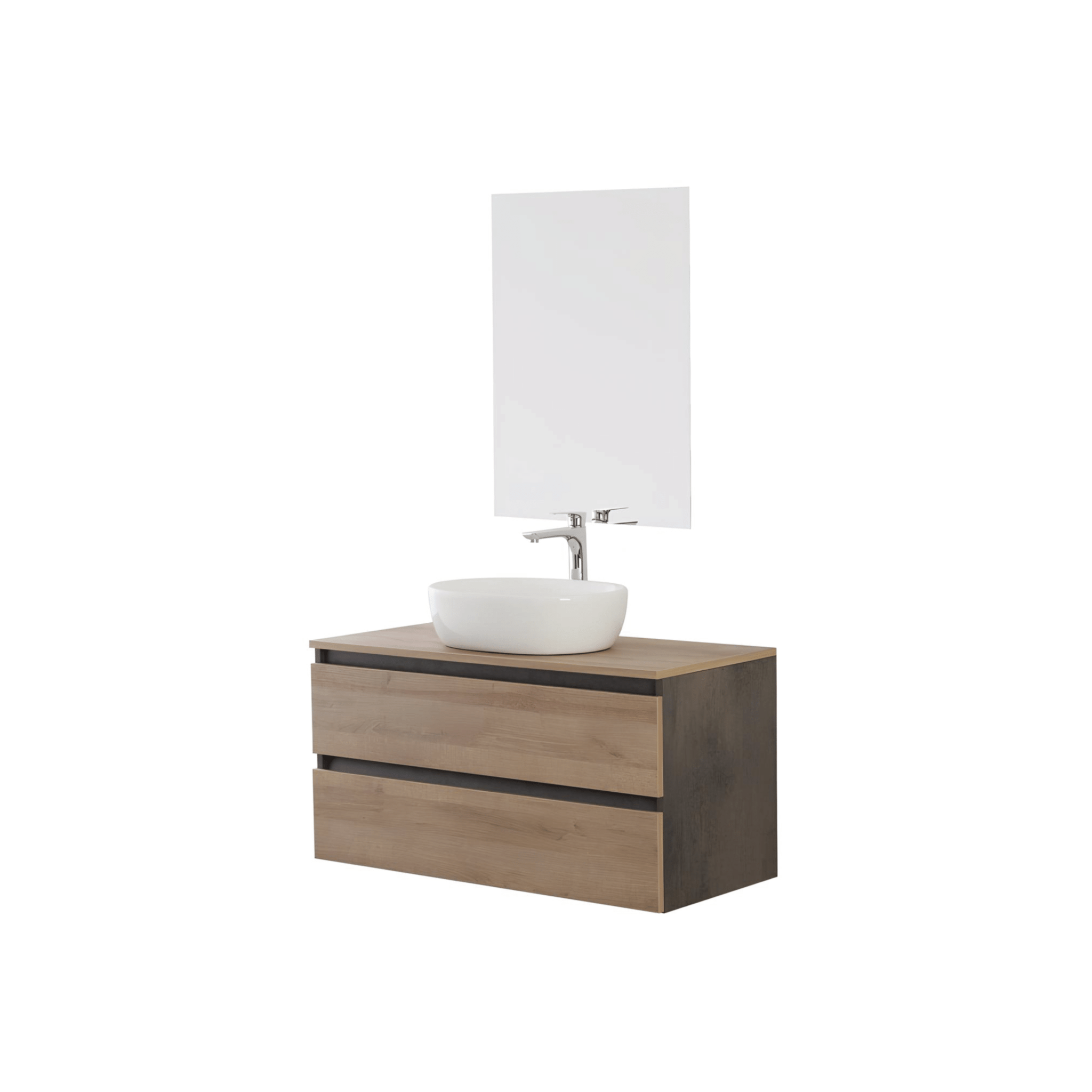Mobile Bagno Sospeso 80 Cm Due Cassetti Specchio Feridras "Revital" Ossido Grigio/Rovere Di Bordeaux - Dabicasa