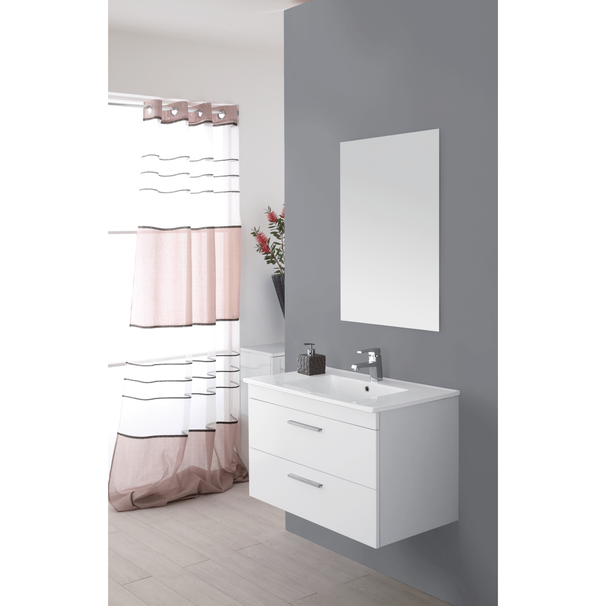 Mobile Bagno Sospeso 80 Cm Due Cassetti Specchio Feridras "Stella" Bianco Lucido - Dabicasa