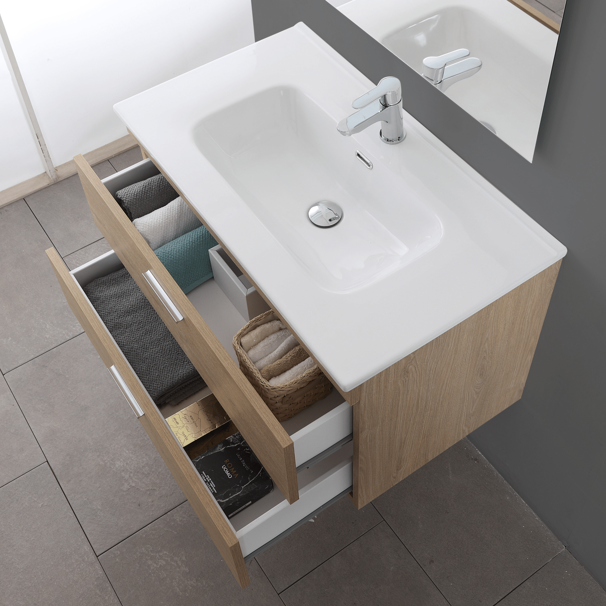 Mobile Bagno Sospeso 80 Cm Due Cassetti Specchio Feridras "Stella" Rovere Dolomite - Dabicasa