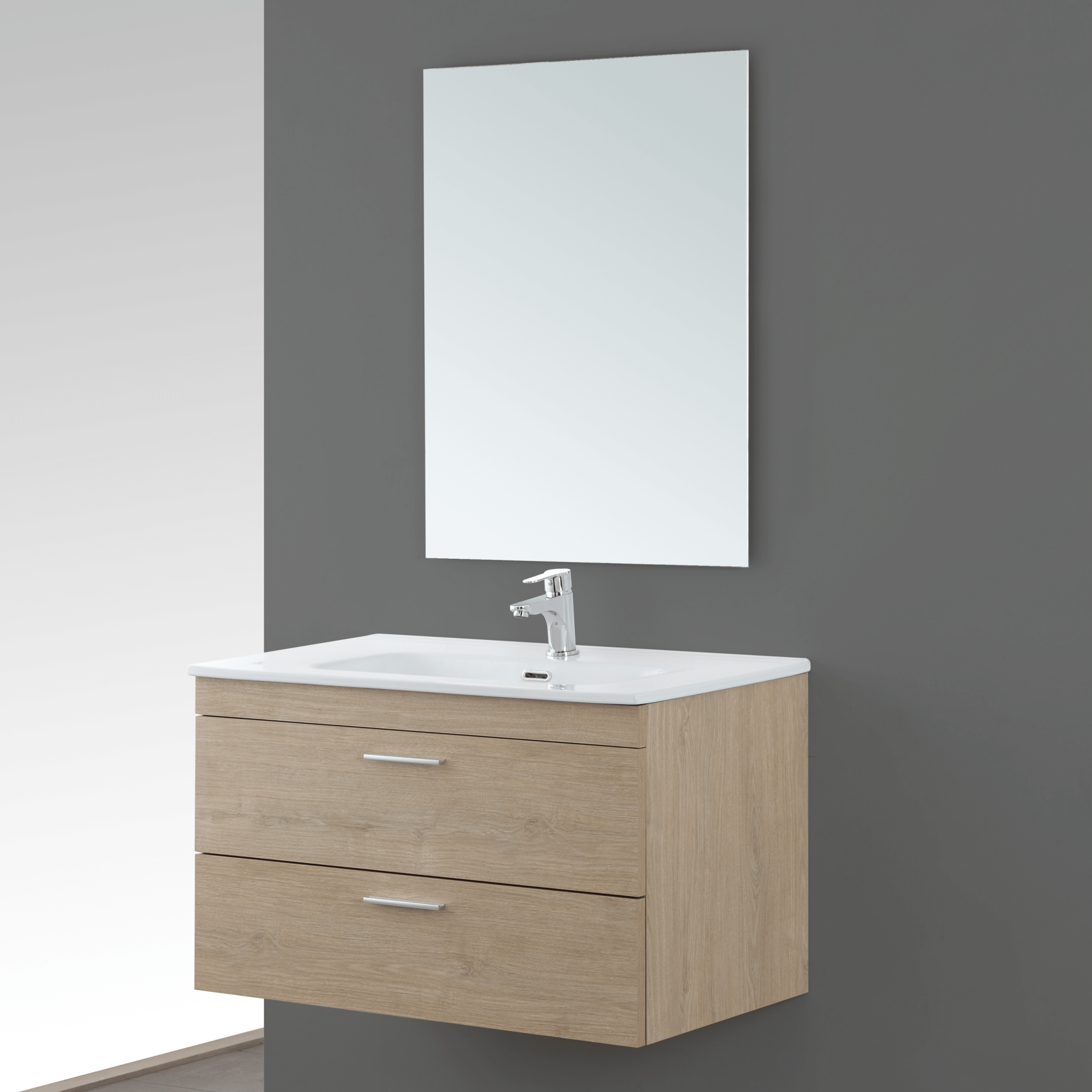 Mobile Bagno Sospeso 80 Cm Due Cassetti Specchio Feridras "Stella" Rovere Dolomite - Dabicasa