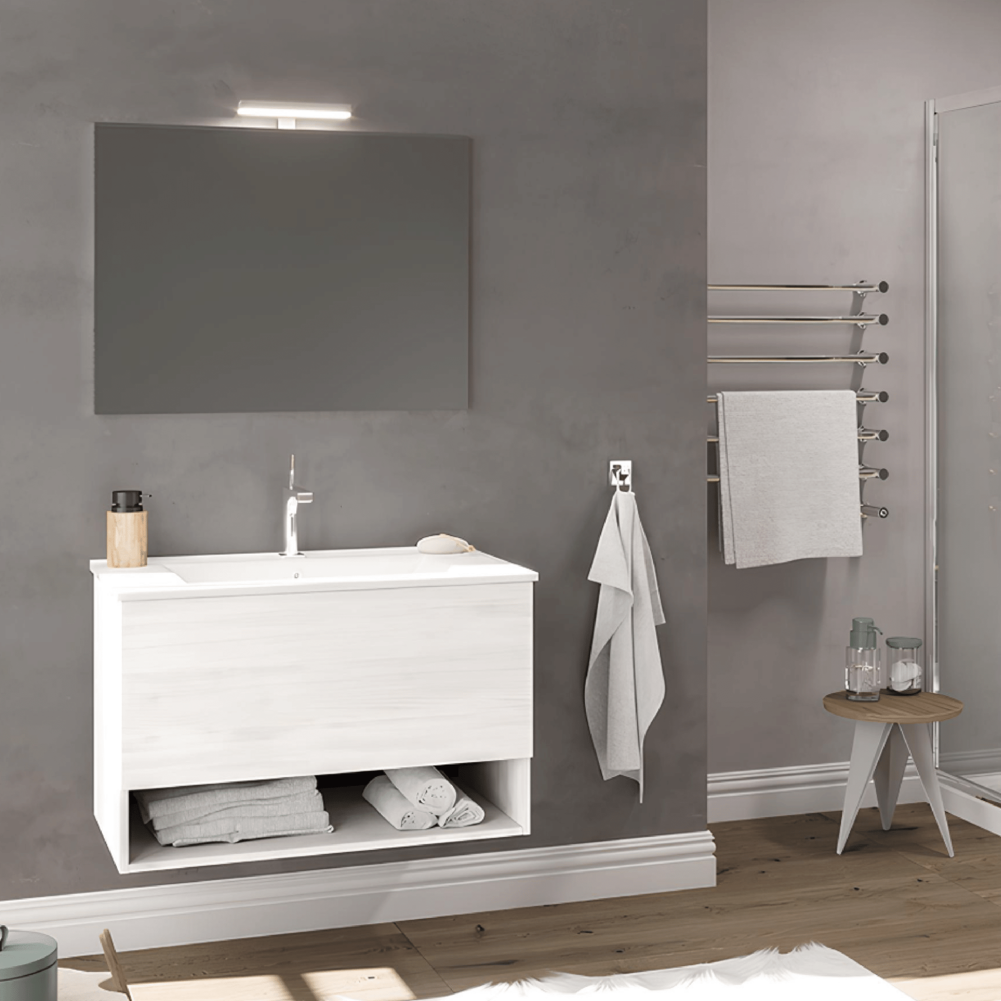 Mobile Bagno Sospeso 80 Cm Un Cassetto Con Vano a Giorno Specchio Con Illuminazione Led Savini Due "Oslo" - Dabicasa
