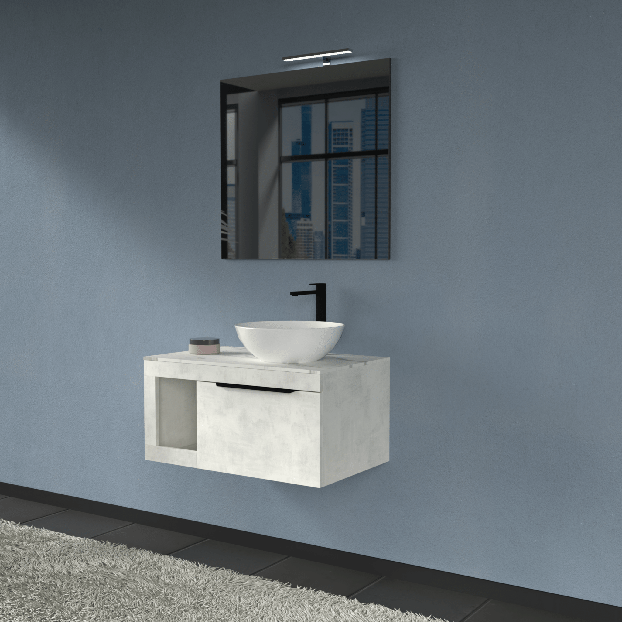 Mobile Bagno Sospeso 80 Cm Un Cassetto Con Vano a Giorno Specchio Con Lampada Led 70x80 Cm AdattoCasa "Lido" Grigio Cielo/Carrara - Dabicasa
