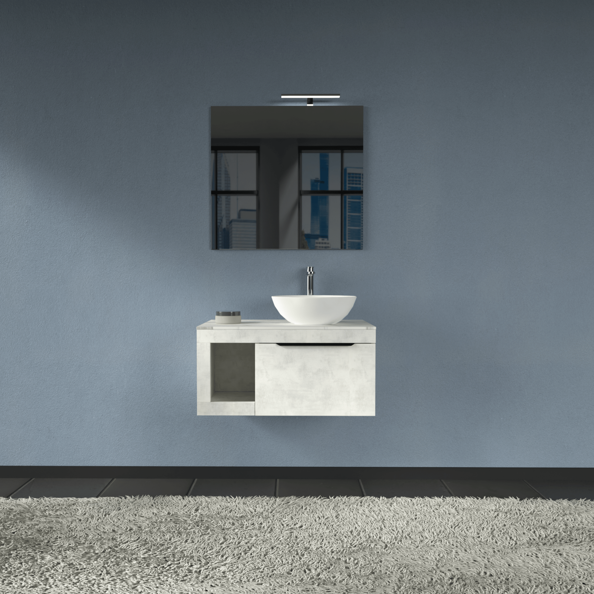 Mobile Bagno Sospeso 80 Cm Un Cassetto Con Vano a Giorno Specchio Con Lampada Led 70x80 Cm AdattoCasa "Lido" Grigio Cielo/Carrara - Dabicasa